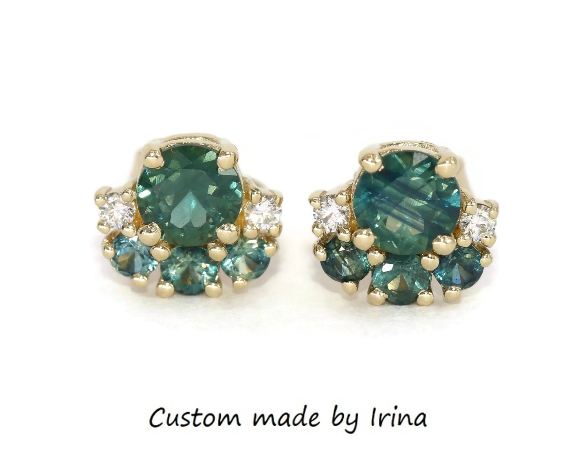 Ombré Cluster Blue Green Natural Sapphires and Diamonds Halfmoon Stud Earrings 14k Solid Gold