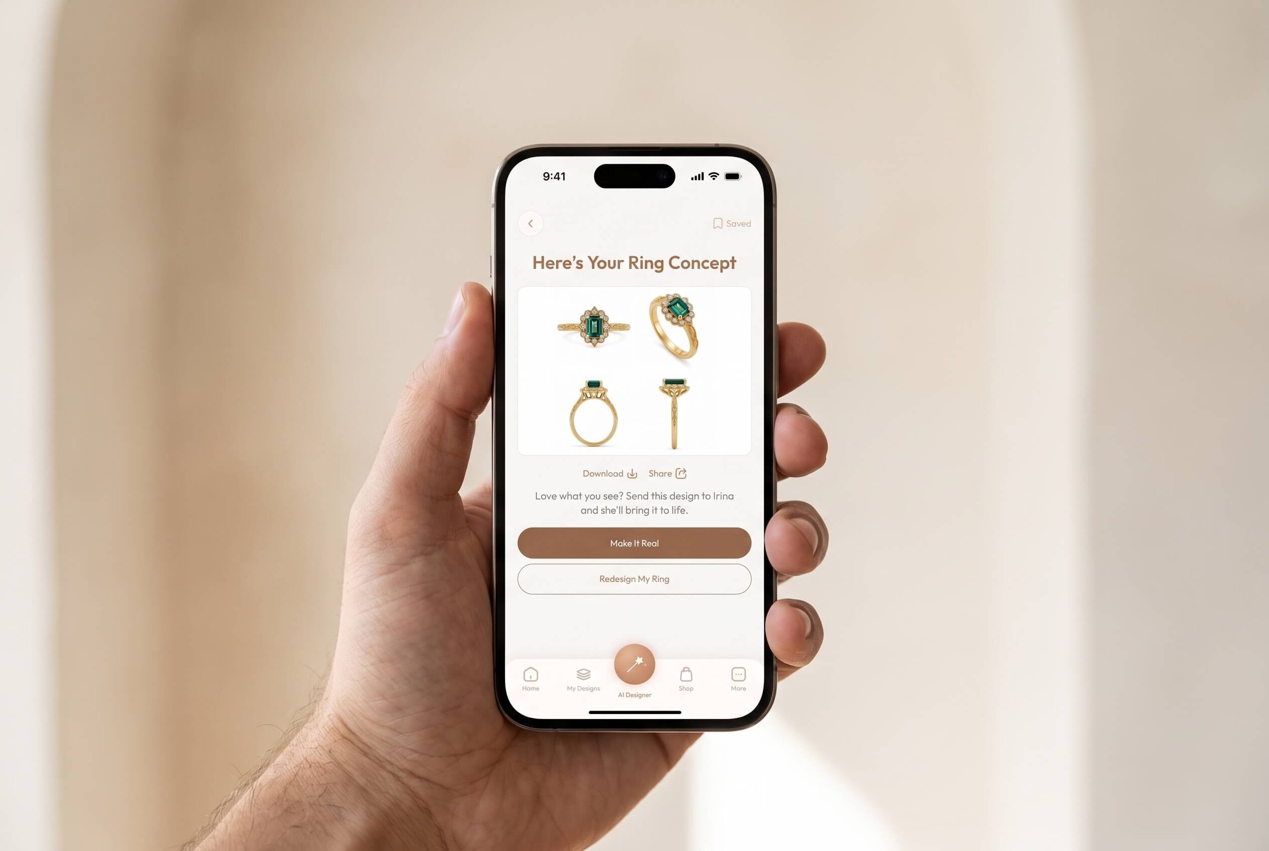 A person holds a smartphone displaying a ring concept featuring a yellow gold band with a green rectangular emerald-cut gemstone in a raised halo setting, shown from multiple angles.