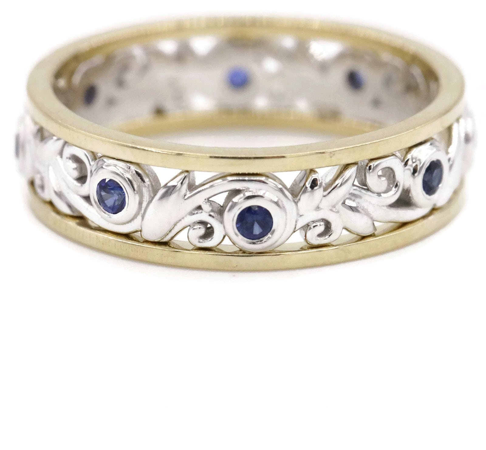 Rustic Vine Leaf Wedding Eternity Ring with Natural Sapphires