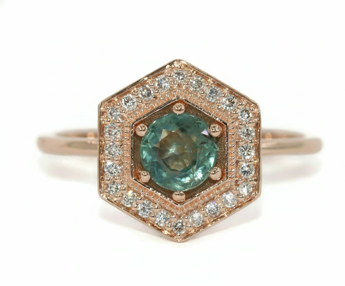 Teal Natural Unheated Montana Sapphire Hexagon Diamond Halo Ring