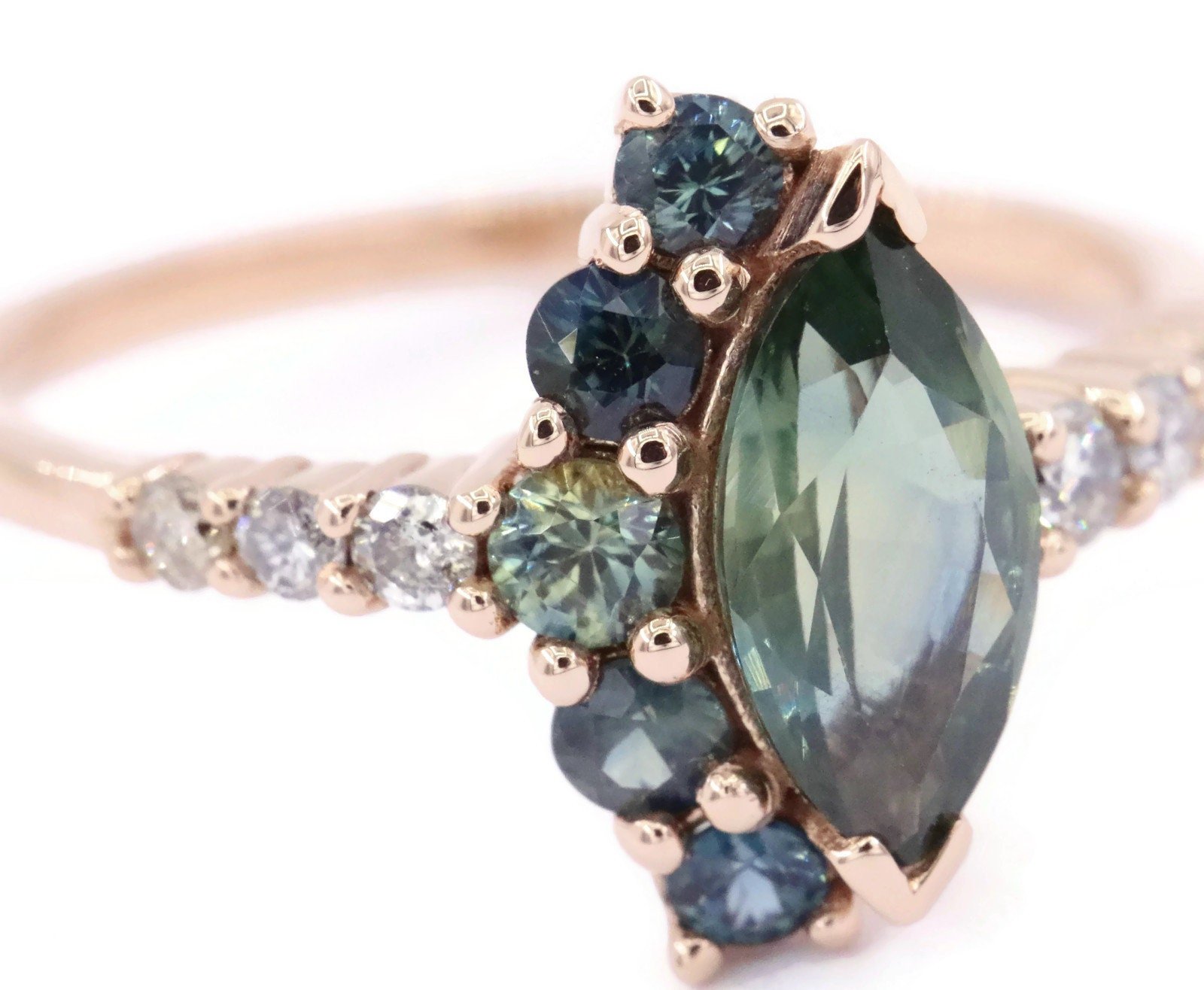 1.3 ct Ombre Blue Green Marquise Natural Sapphire Cluster Engagement Ring