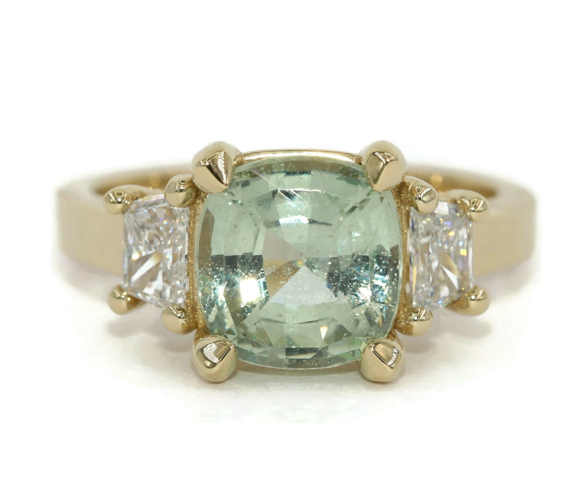 GIA 2.5 ct Mint Green Sapphire Engagement Ring: Trapezoid Diamond Accents