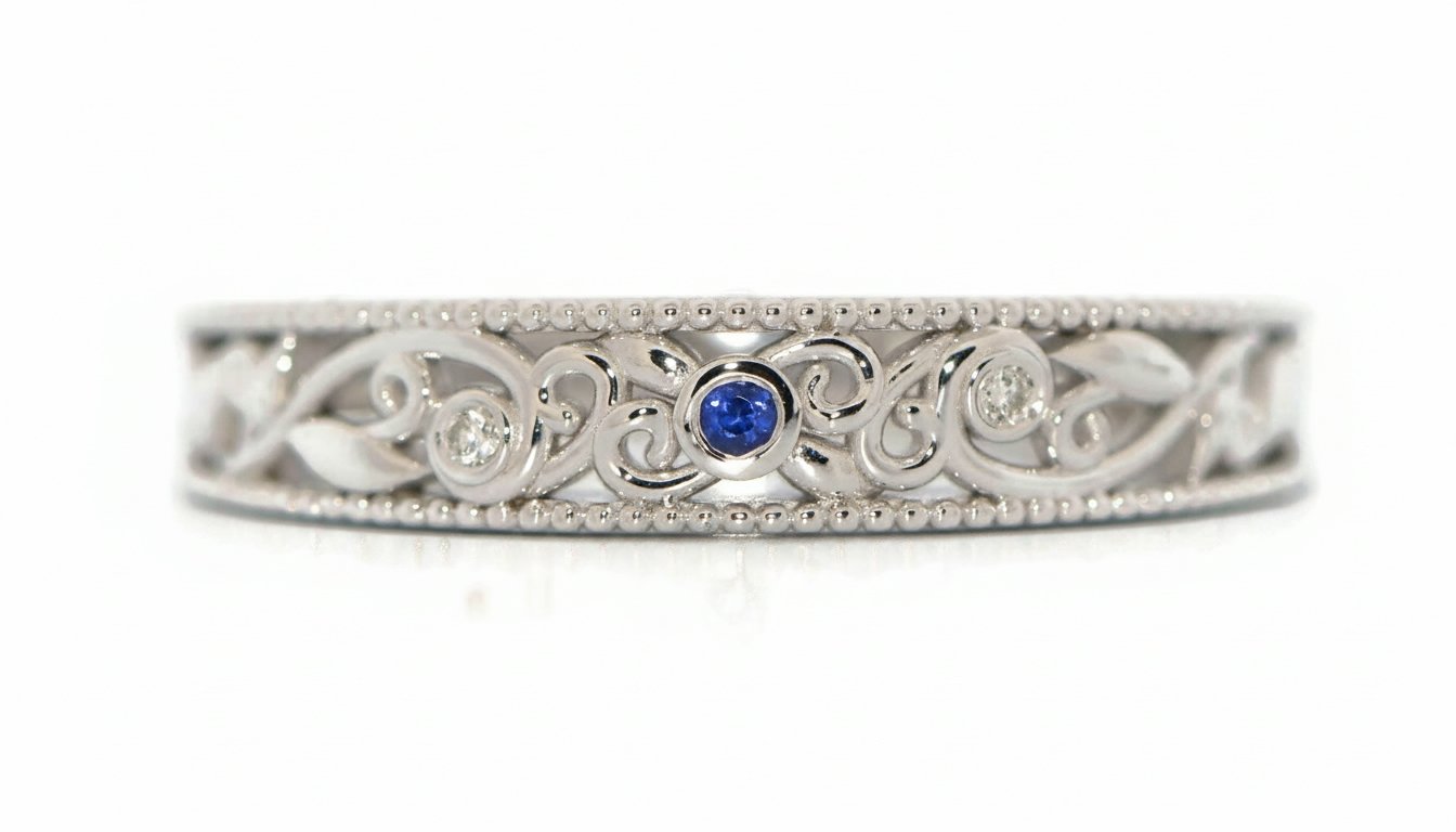 Lace Filigree Scrollwork Diamond + Sapphire Wedding Band