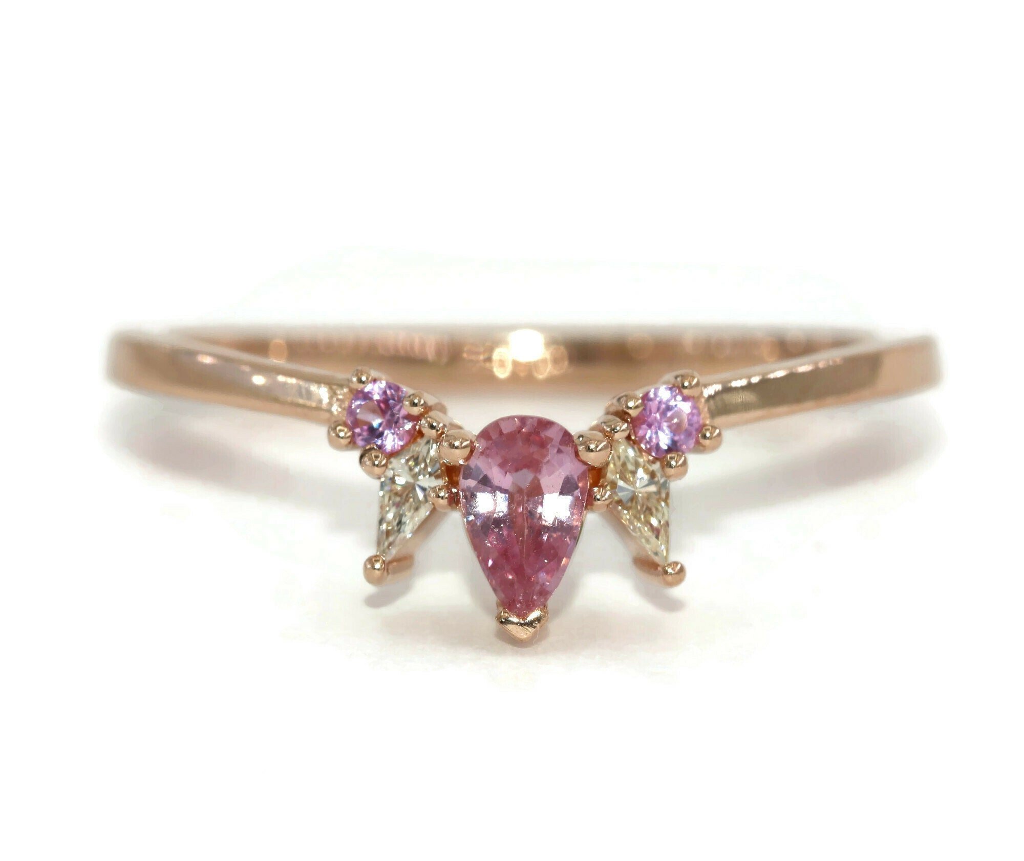 Pear Pink Natural Sapphire + Kite Diamond Sunburst Custom Made Ring