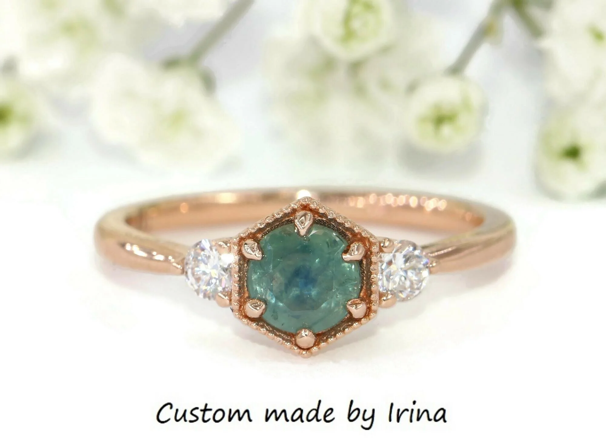 3 Stone Teal Unheated Natural Montana Sapphire Hexagon Beaded Frame Engagement Ring 14k Solid Gold