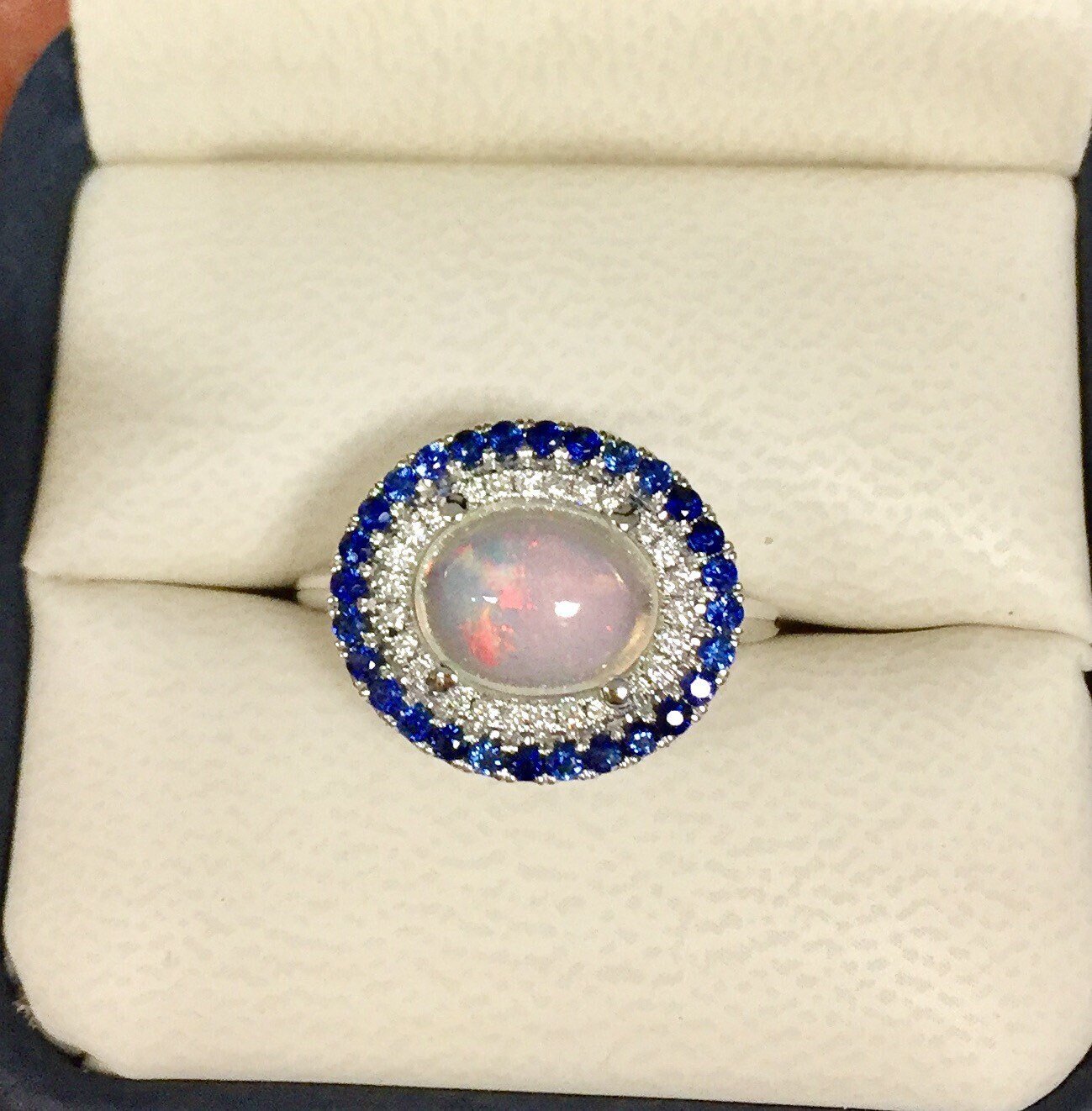 Natural Opal Ring with Double Halo Diamonds & Royal Blue Sapphires