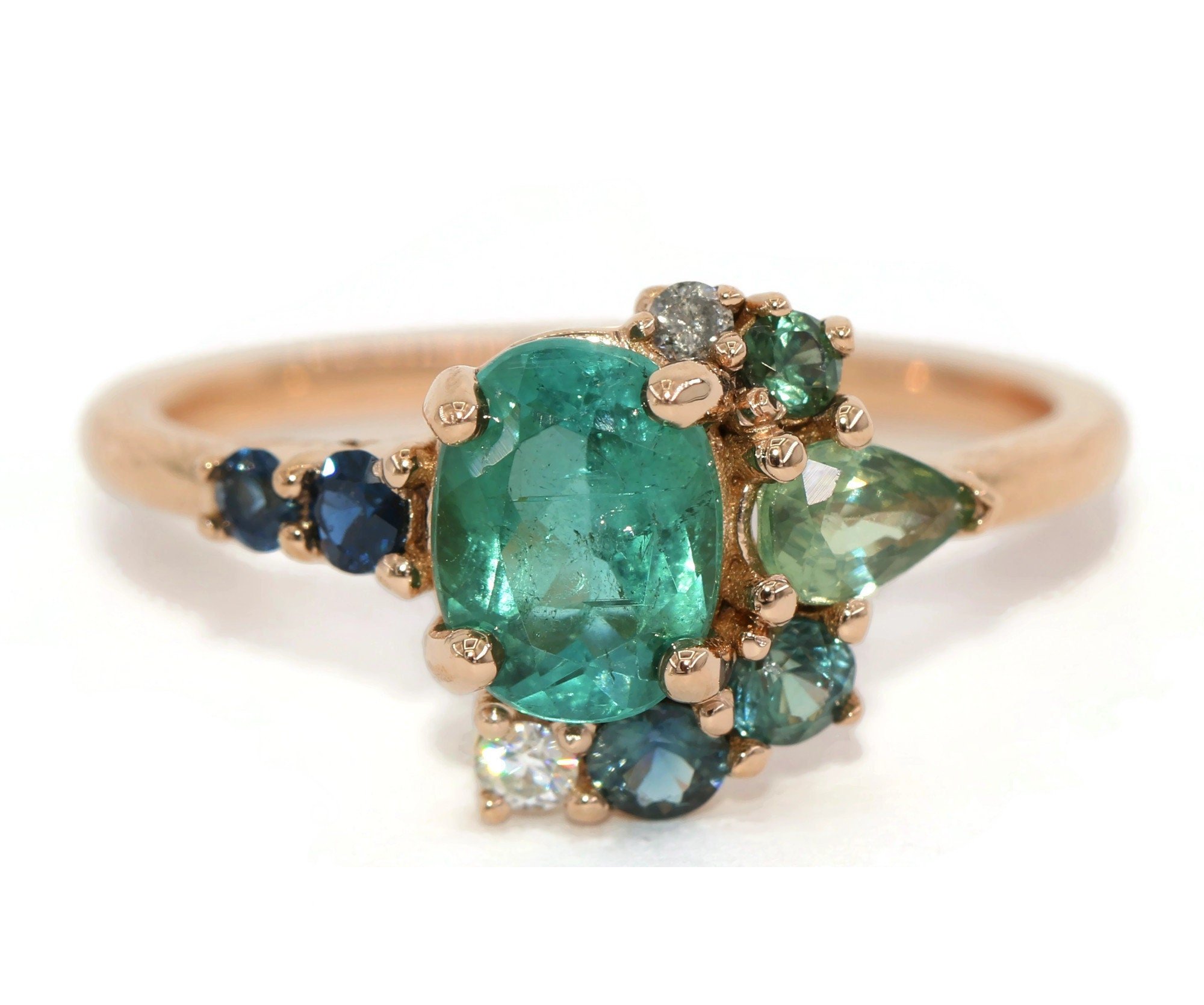 Ombre Teal Blue Green 1 ct Natural Tourmaline Cluster Ring