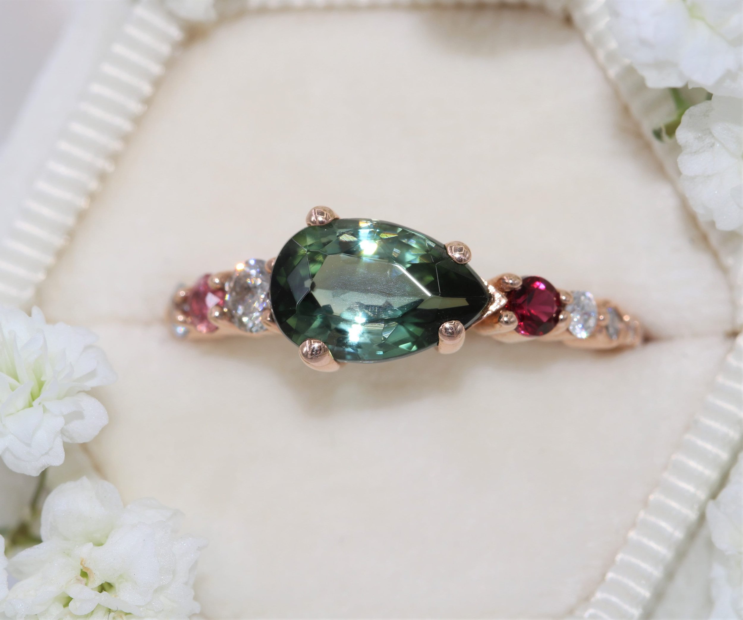 1.5 carat Teal Green Pear Tourmaline Ombré Cluster Multi Gemstone Ring