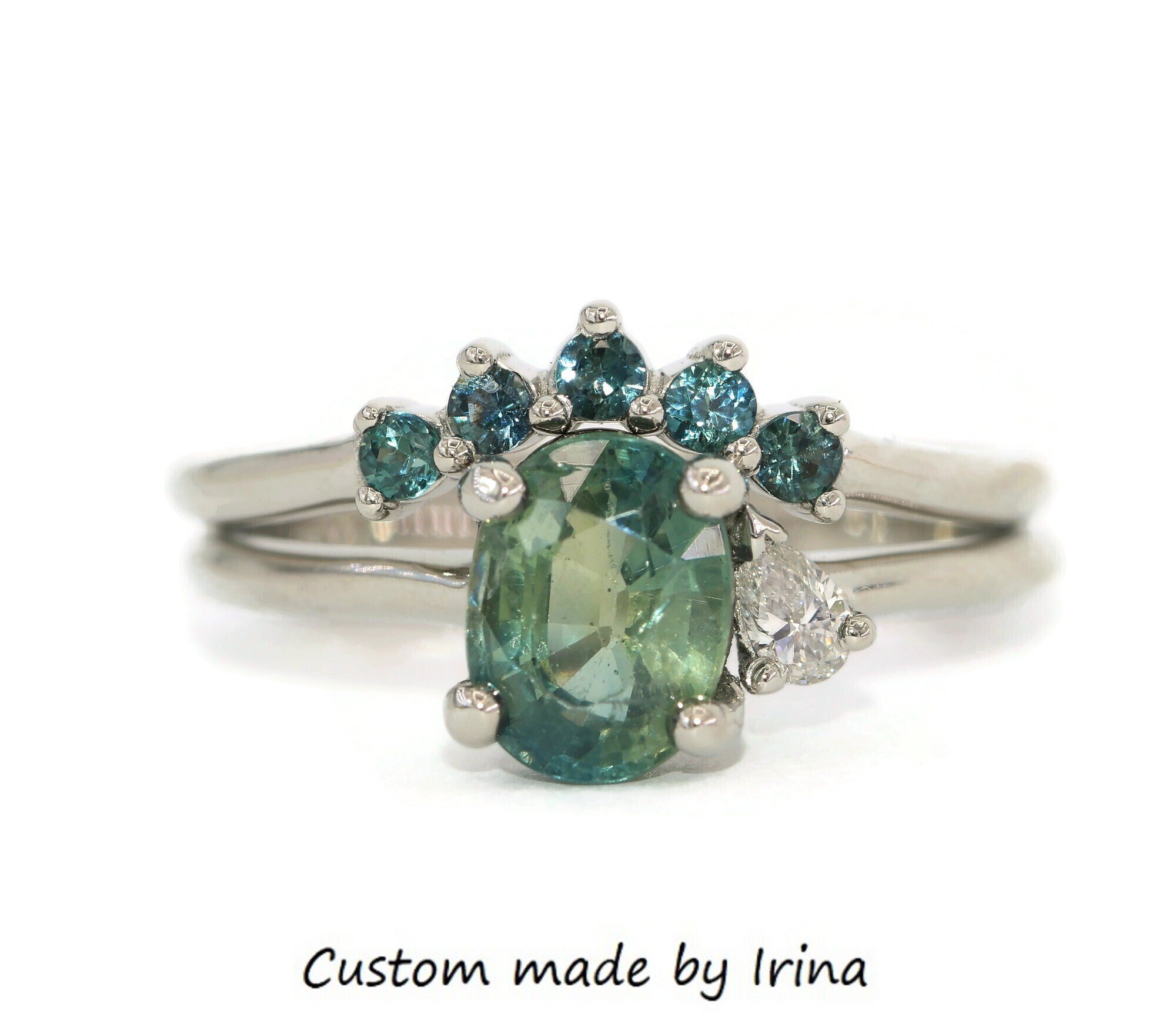 2 ct Oval Blue Green Sapphire + Pear Diamond Platinum Cluster Ring and matching Nesting Wedding Band