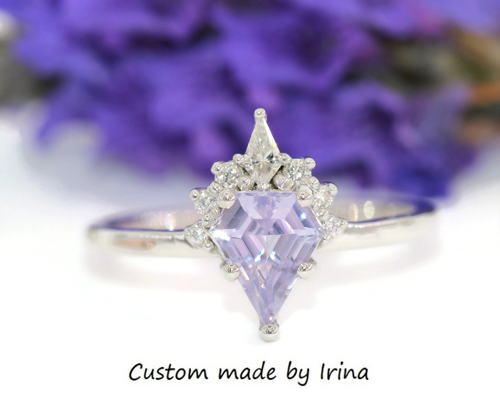 1 ct Custom Shield Cut Lavender Natural Sapphire and Kite Diamond Ring