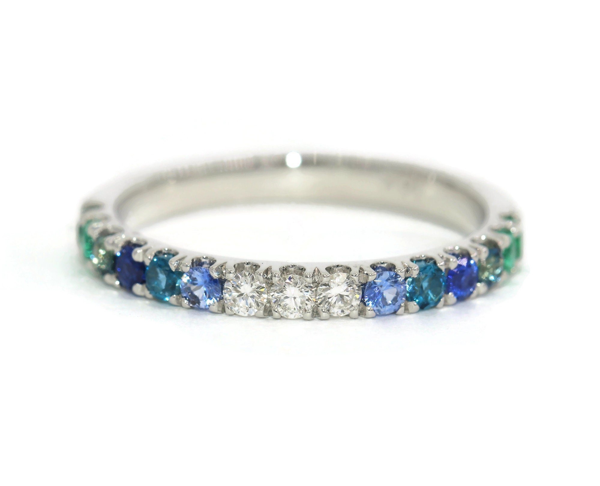 Multi Gemstone Blue Sapphire + Emerald + Diamond Ombré Ring