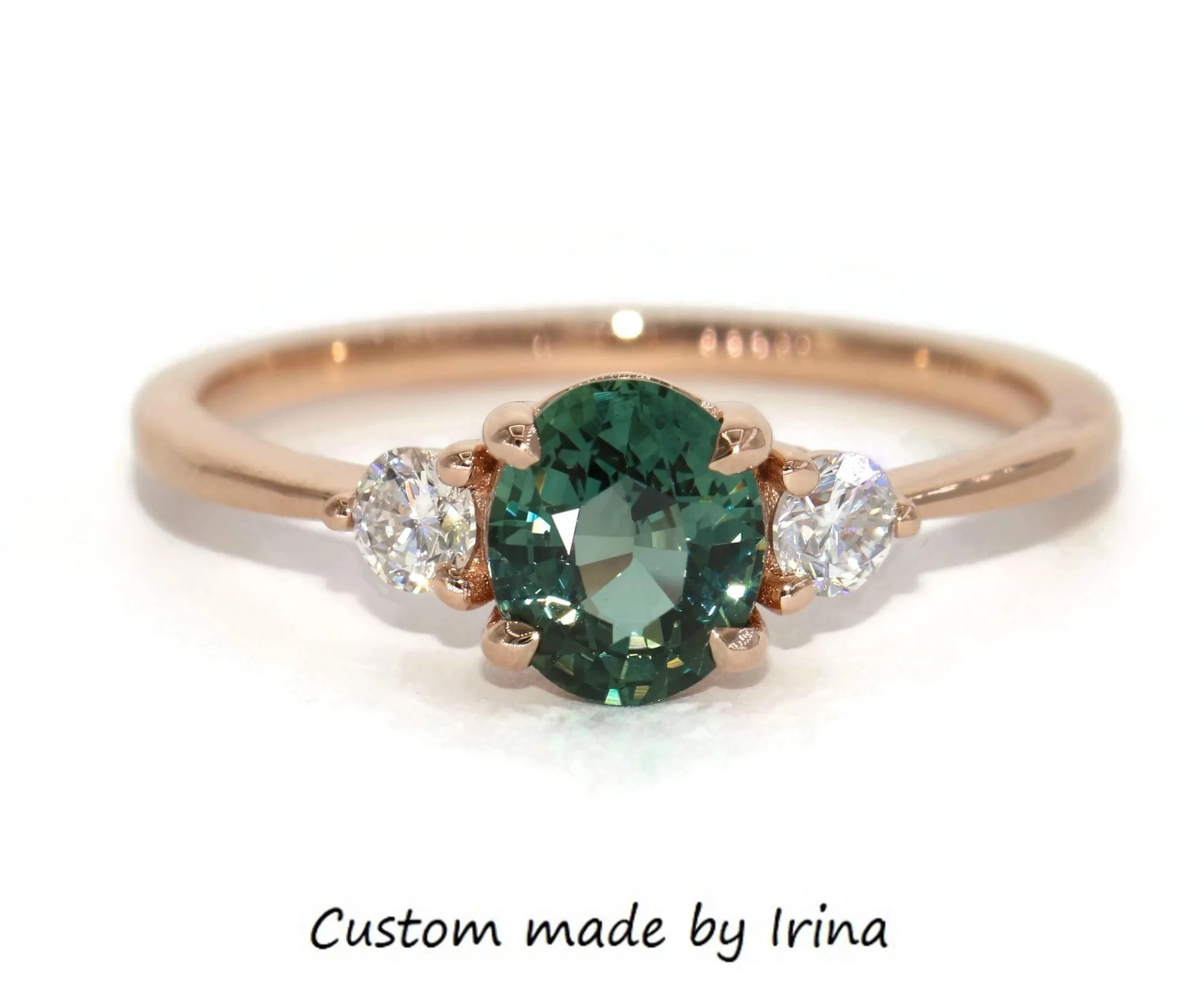 1.2 carat Oval Teal Blue Green Unheated Natural Sapphire 3 Stone Engagement Ring