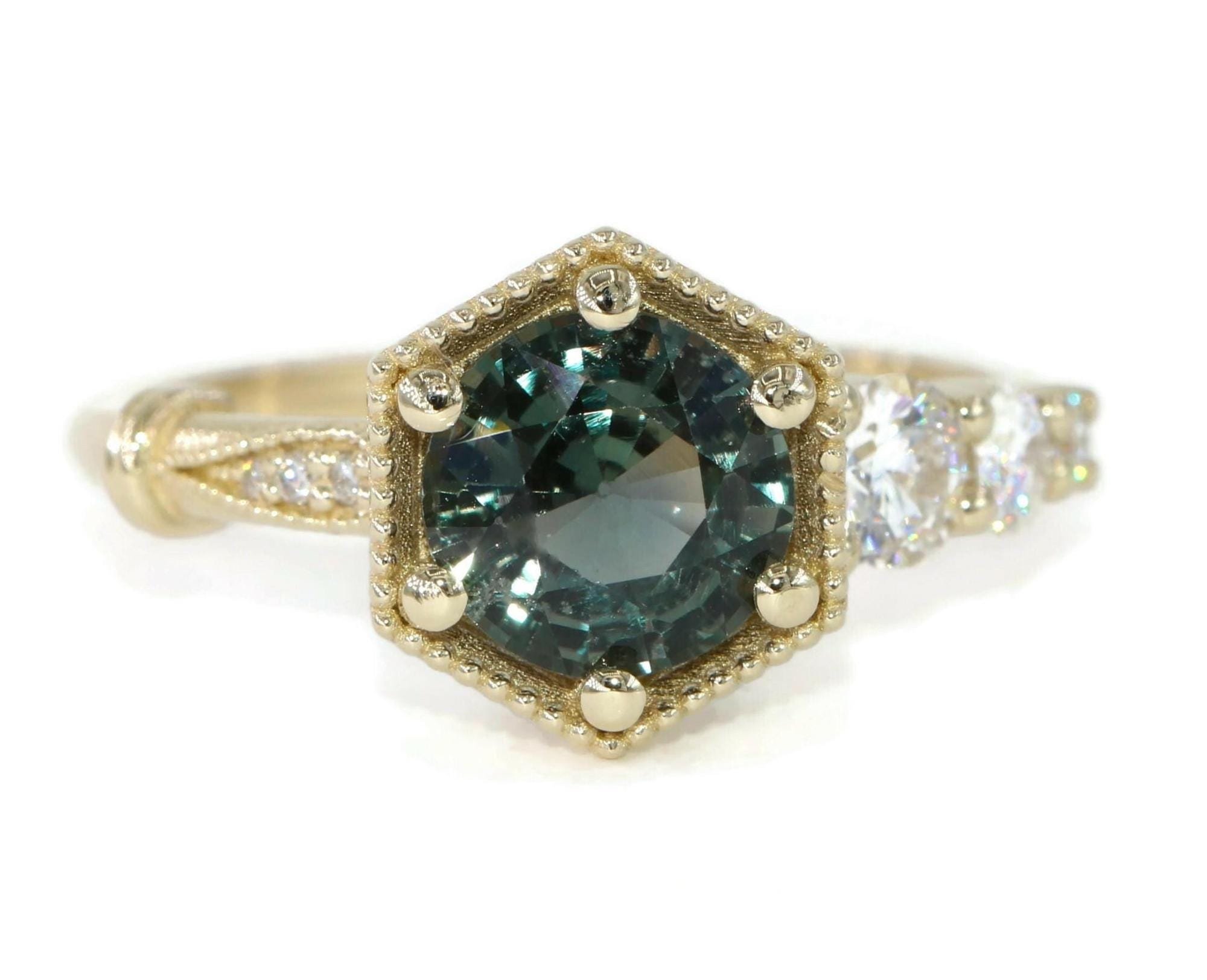 1.5 ct Sage Green Teal Natural Sapphire Hexagon Asymmetrical Cluster Engagement Ring