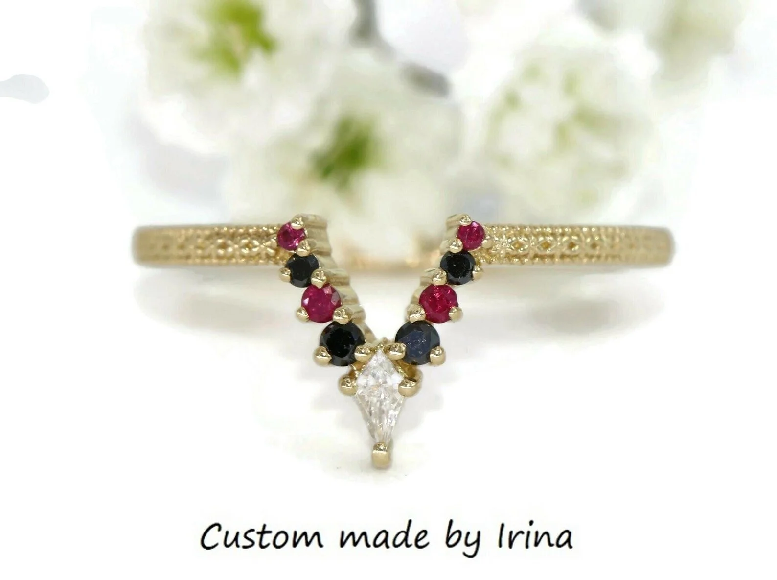Kite Natural Diamond Engraved Flower Pattern V Shape Black Diamonds and Ruby Wedding Ring 14k Solid Gold