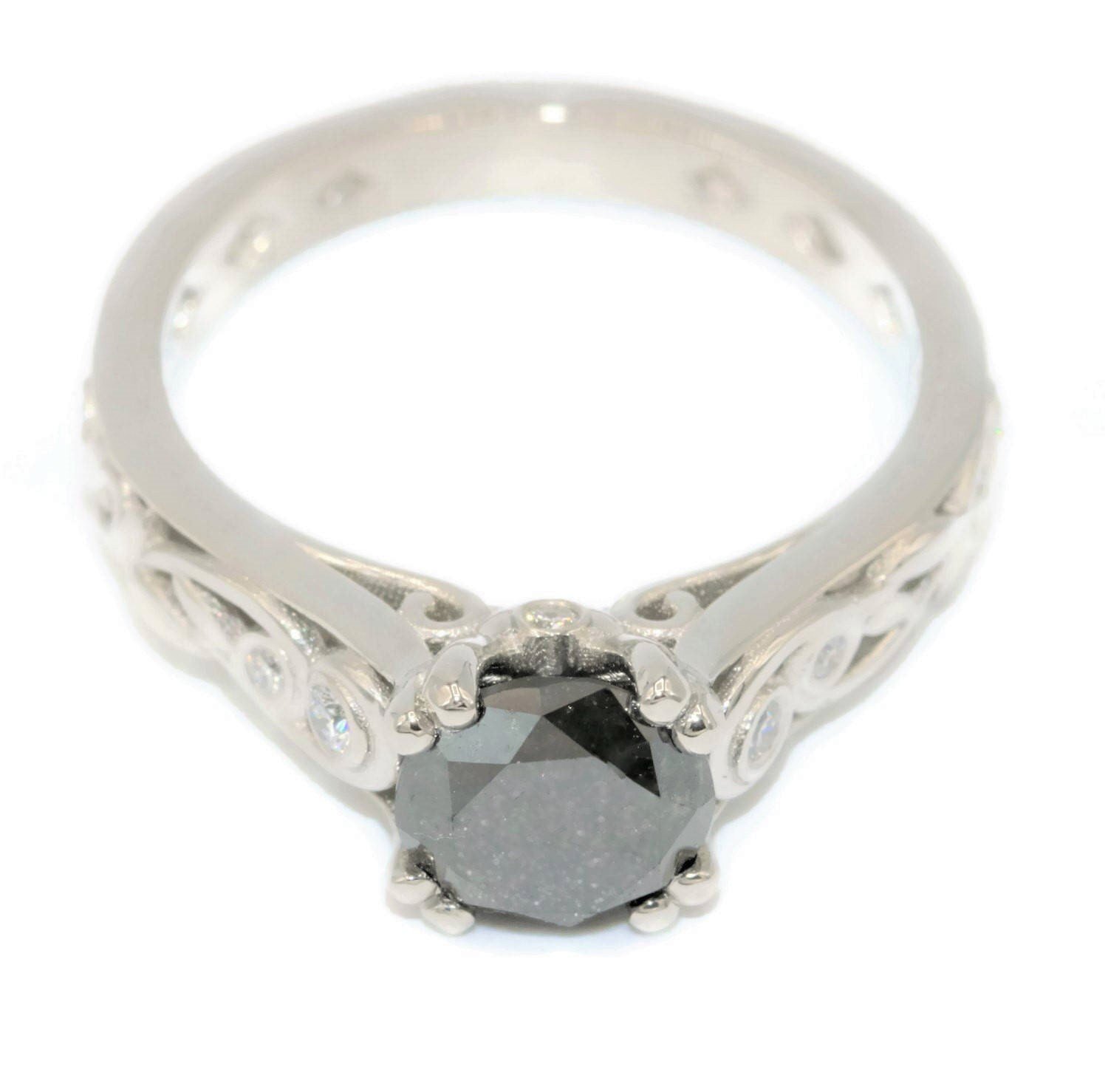Platinum Vine Leaf Filigree Lace Pattern 1.2 carat Black Natural Diamond Ring