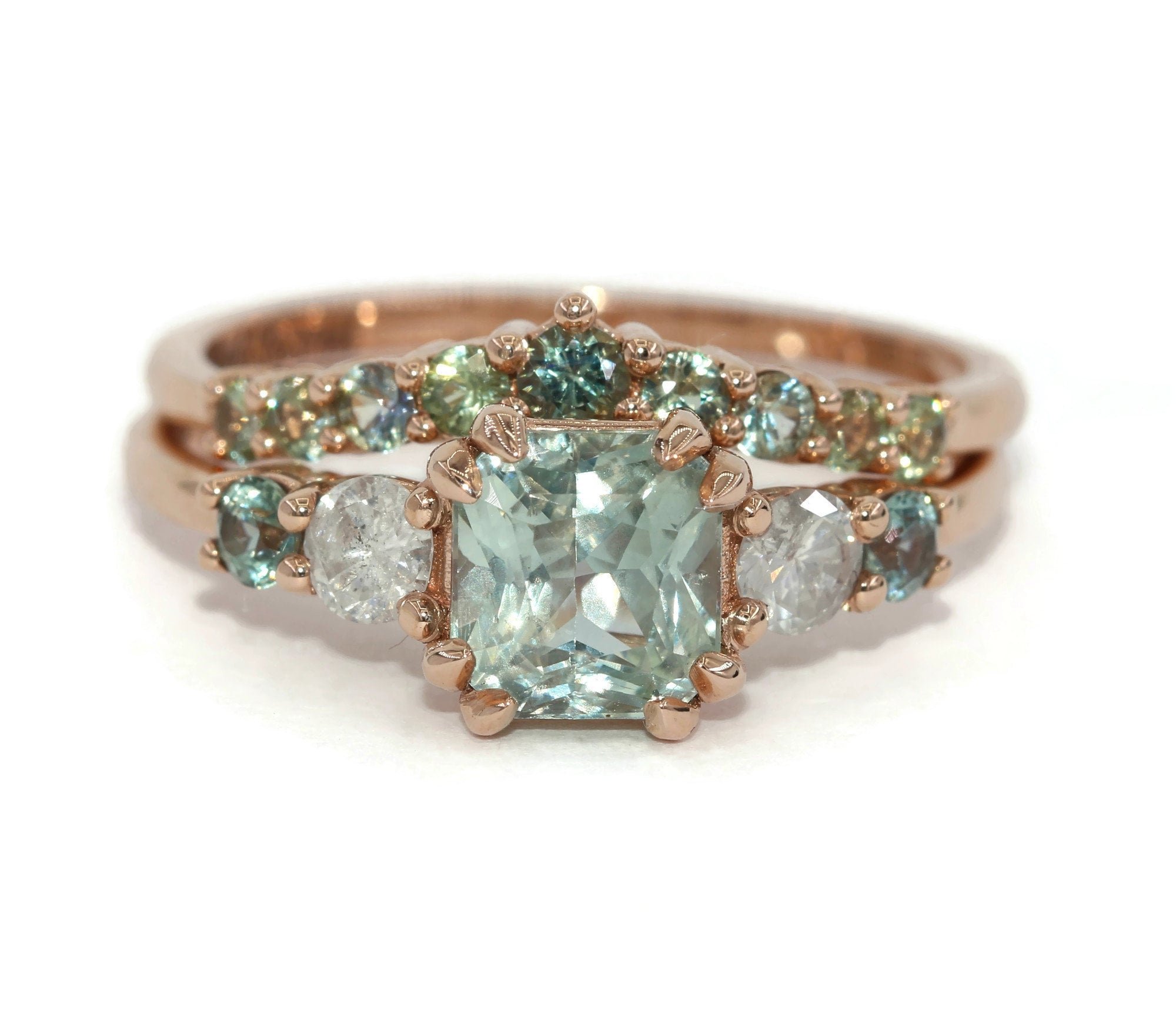 2 carat Pastel Green Sapphire Ring and Matching Ombre Wedding Band