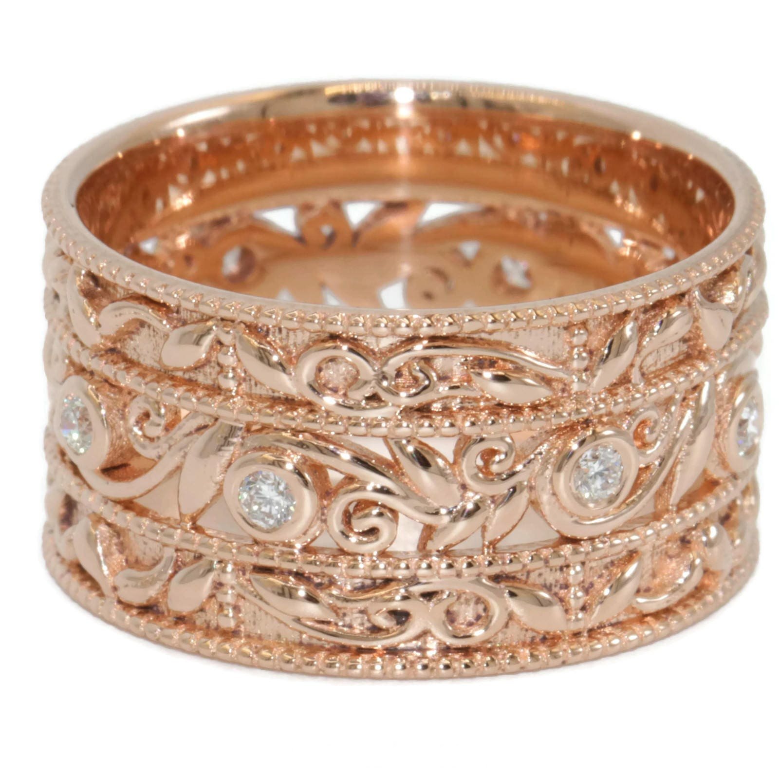 Natural Diamond 10 mm Wide Cigar Band with Lace Vine Leaf Paisley Scroll Pattern