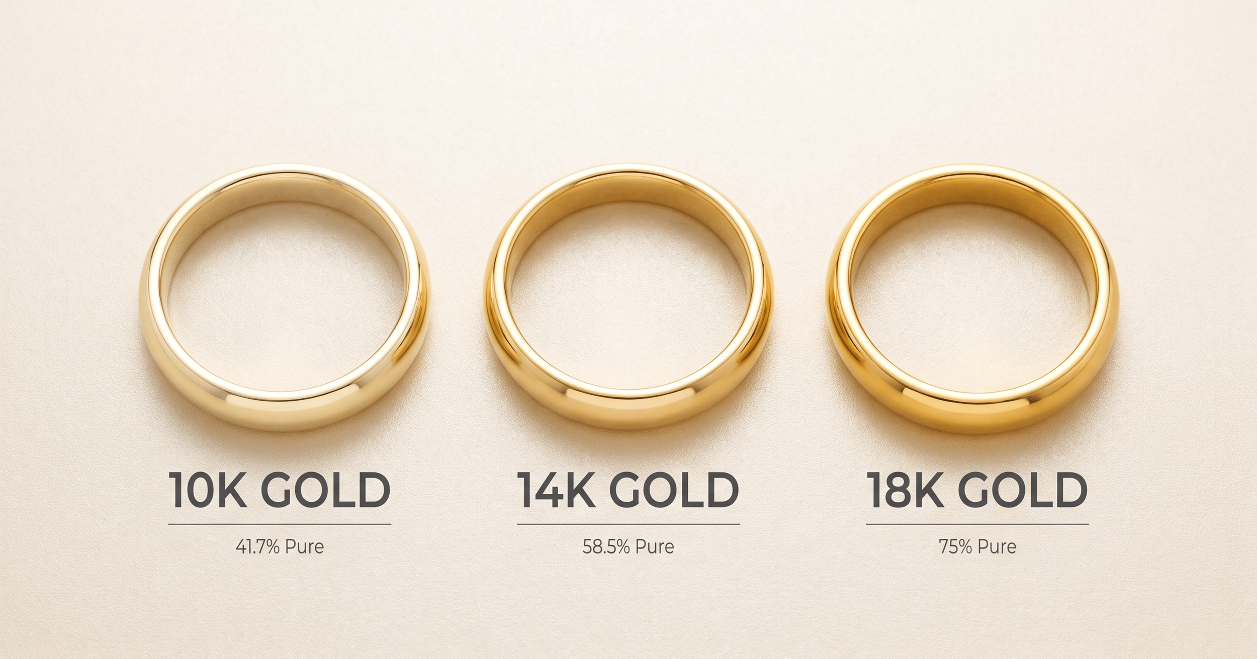 Side-by-side comparison of three gold bands showing color differences between 10K (41.7% pure), 14K (58.5% pure), and 18K (75% pure) gold.