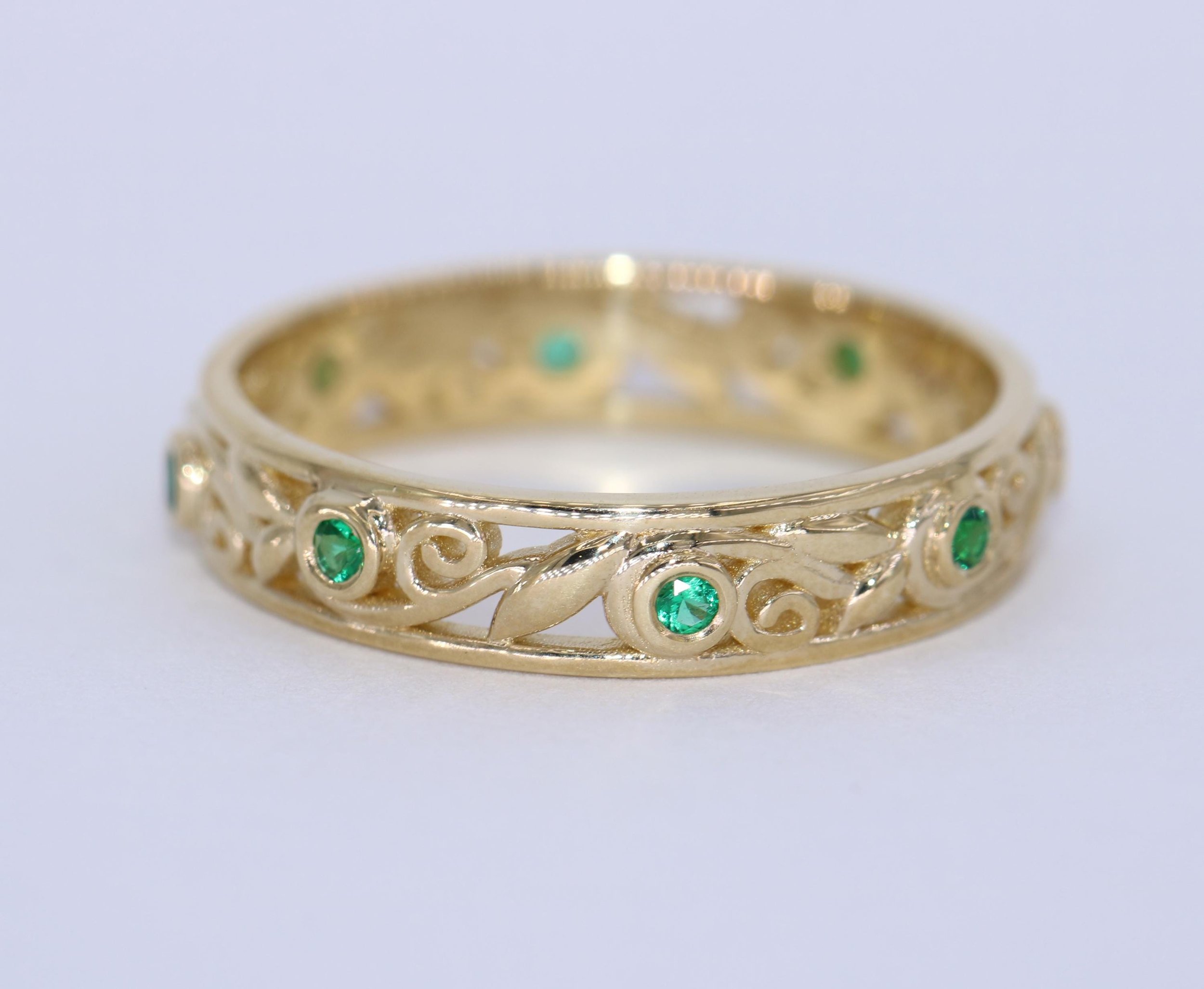 Lace Leaf Vine Filigree Scroll Emerald Wedding Eternity Ring Designed by Irina