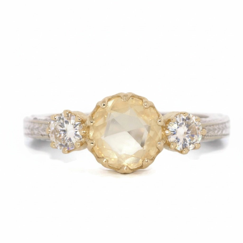 Hand Engraved Euro Shank Mixed Bi-color Gold 3 Stone Ring