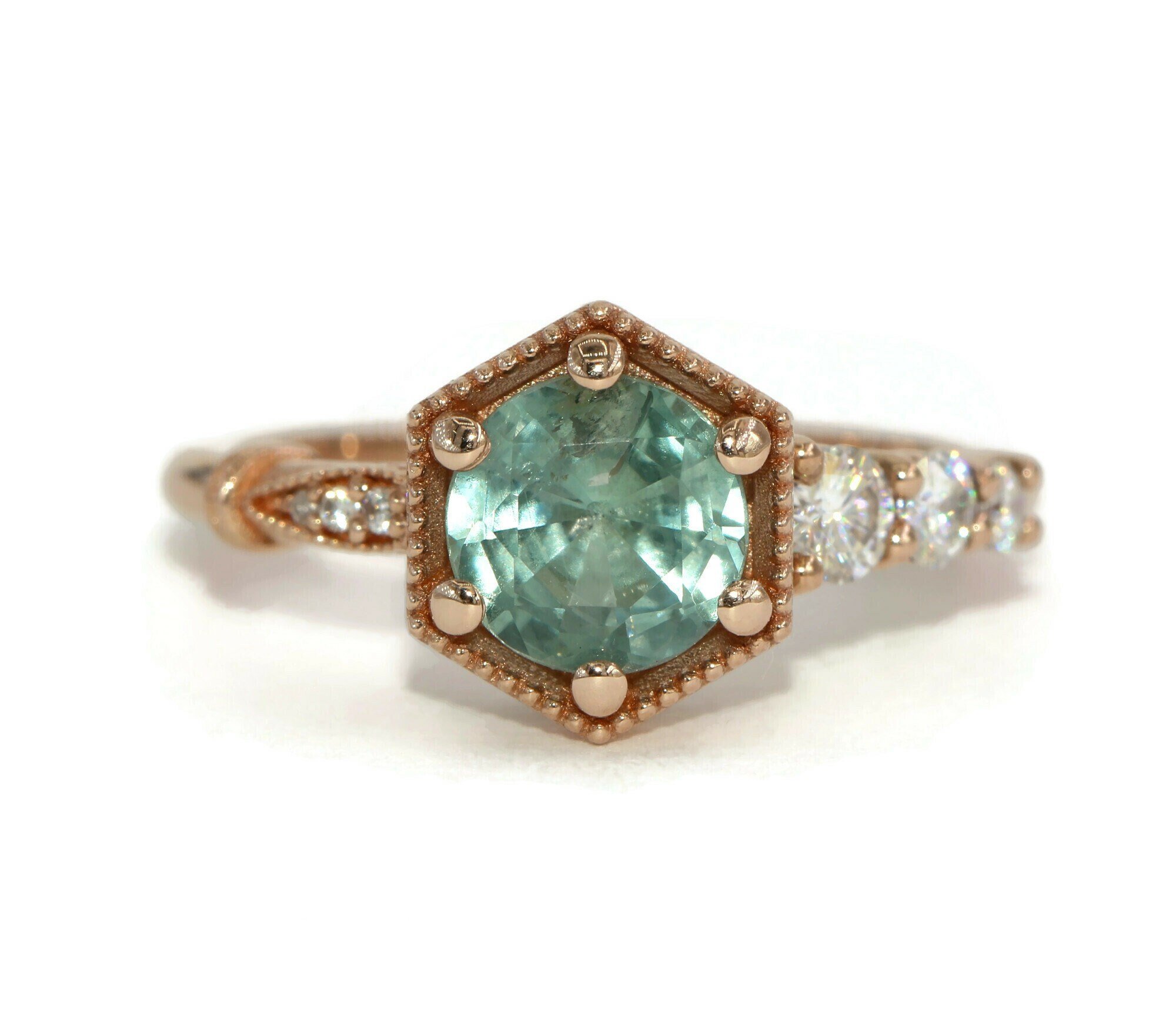 1 ct Teal Montana Natural Sapphire Hexagon Cluster Engagement Ring