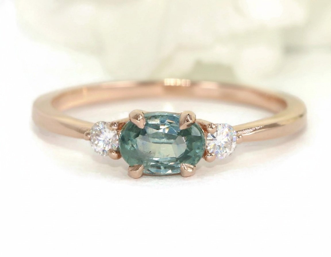 East West Oval Teal Blue Natural Sapphire 3 Stone Engagement Ring