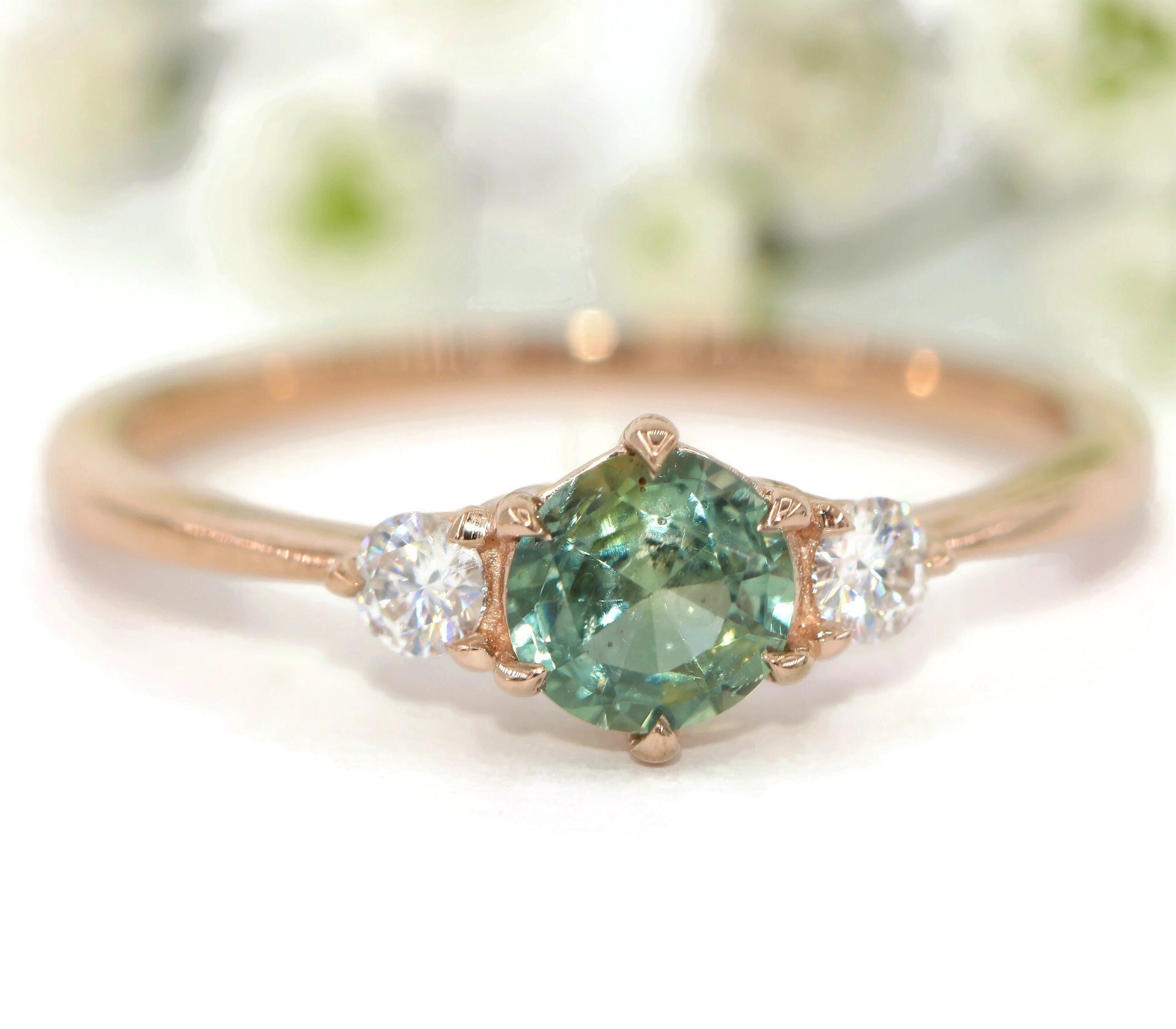 Teal Green Montana Sapphire and Diamonds 3 Stone Ring