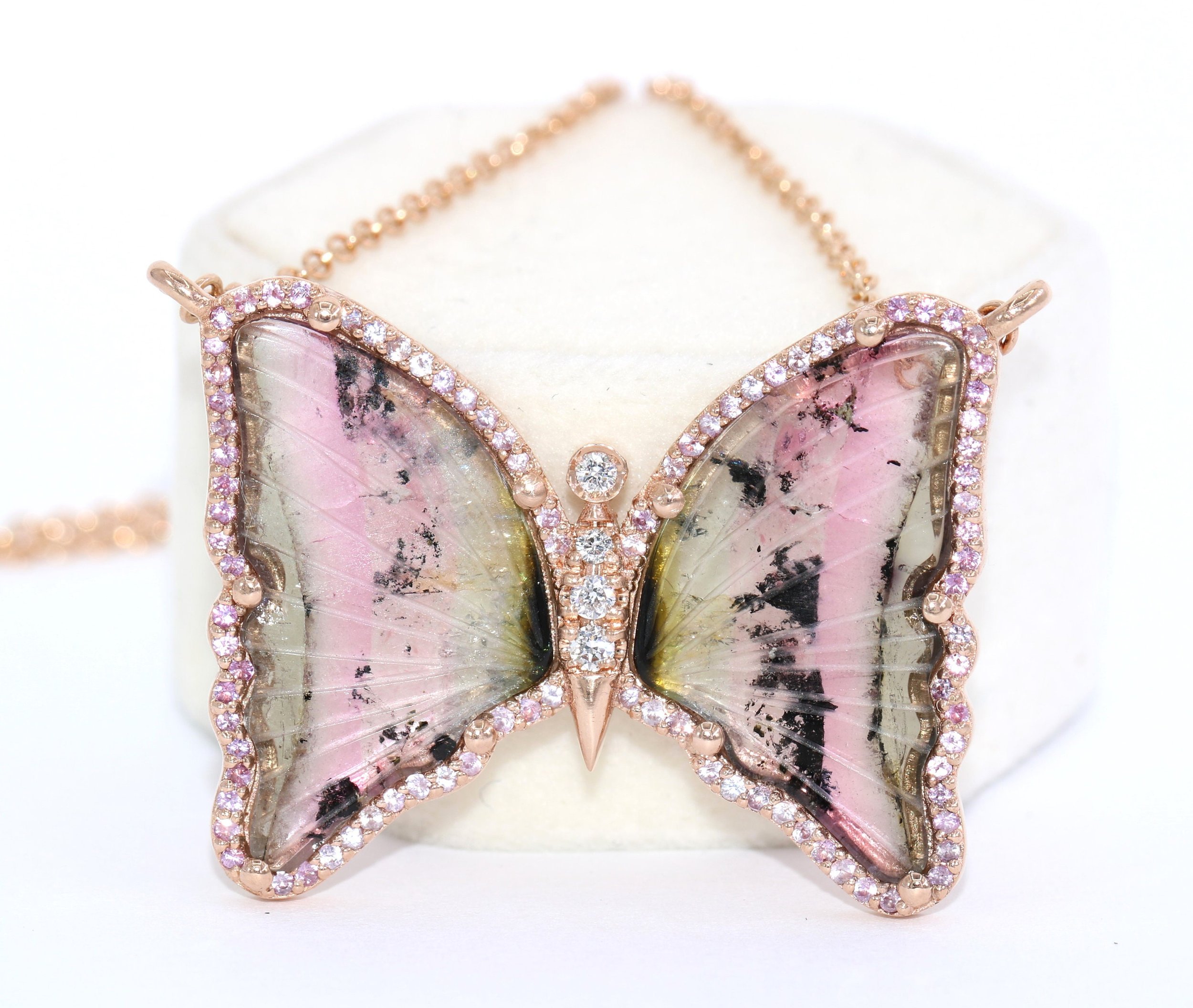 Butterfly Tourmaline Necklace Pendant with 116 Ombre Pink Natural Sapphires and Diamonds