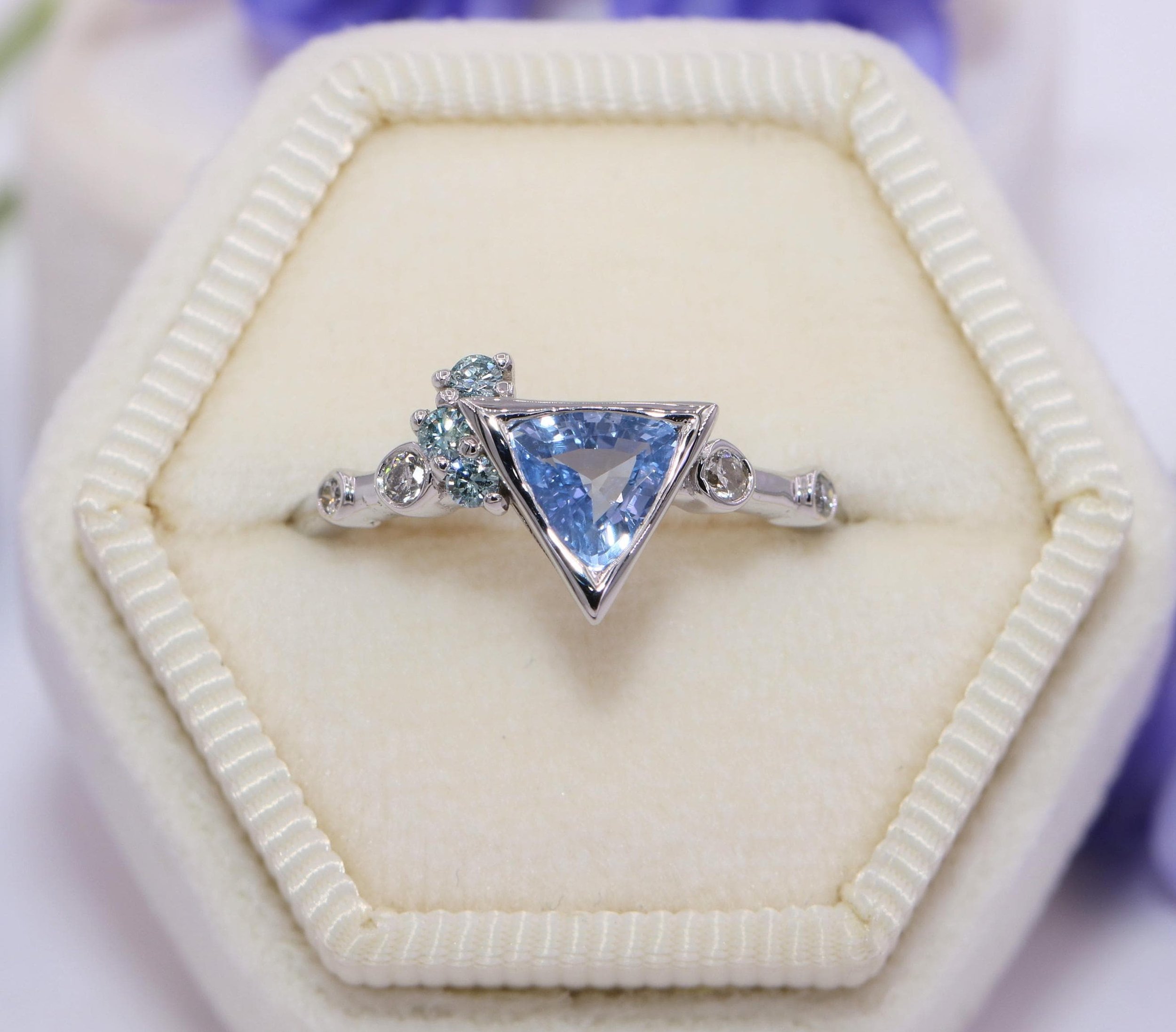 Cluster Triangle Teal Blue Natural Sapphire and Diamonds Engagement Ring
