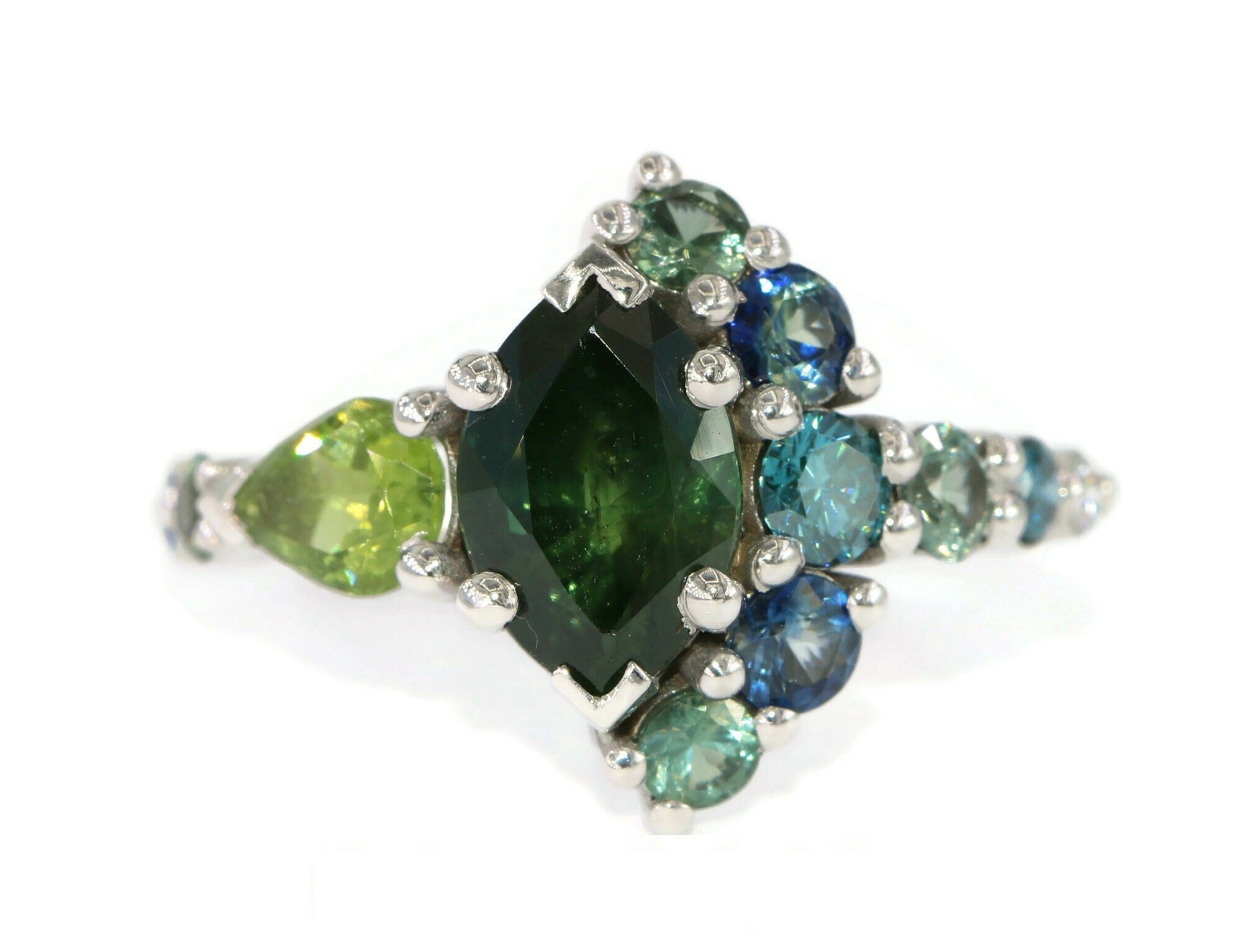 2 ct Forest Green Marquise Natural Sapphire Cluster Ombre Ring