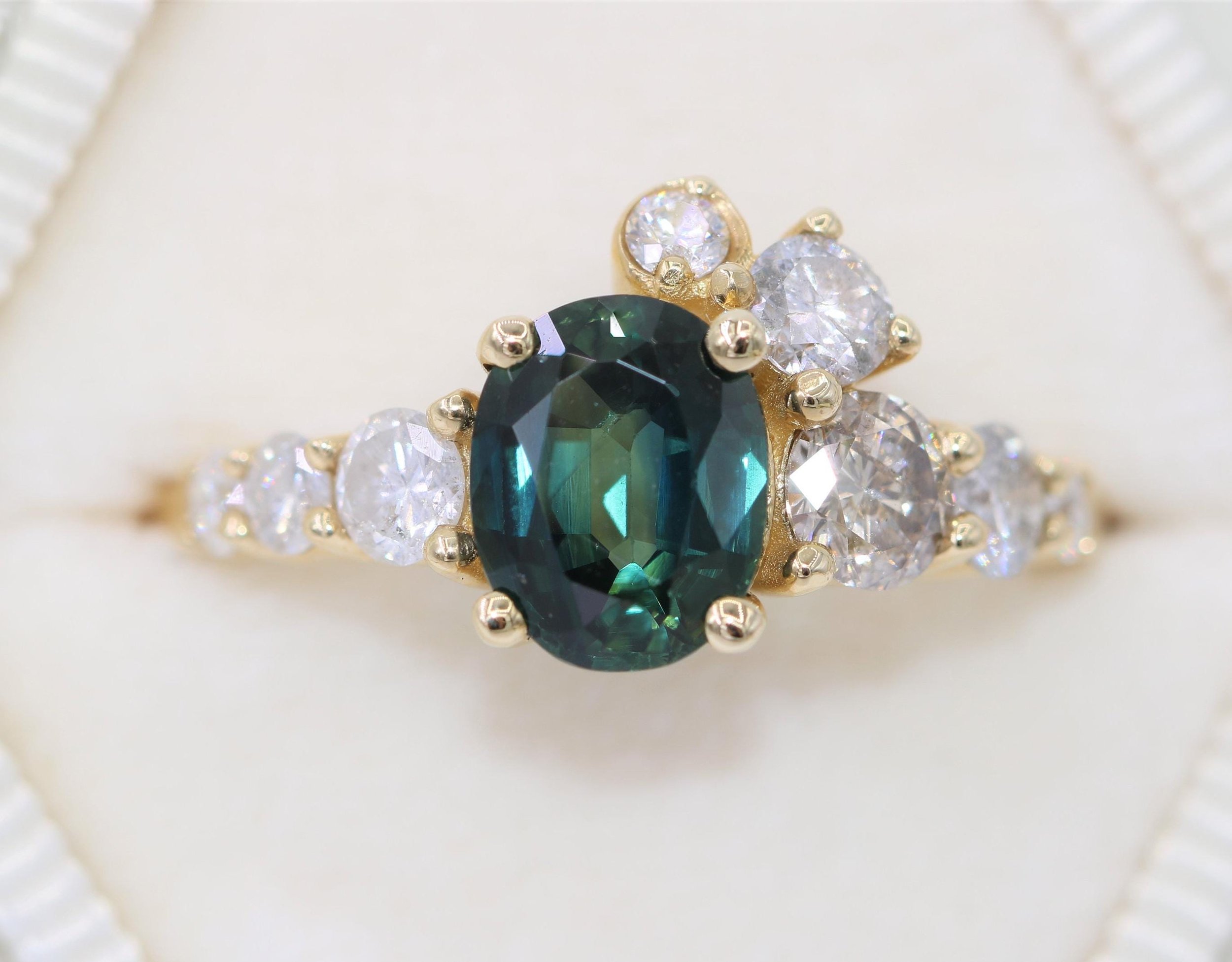 2 ct Oval Blue Green Parti Natural Sapphire Ombre Cluster Ring
