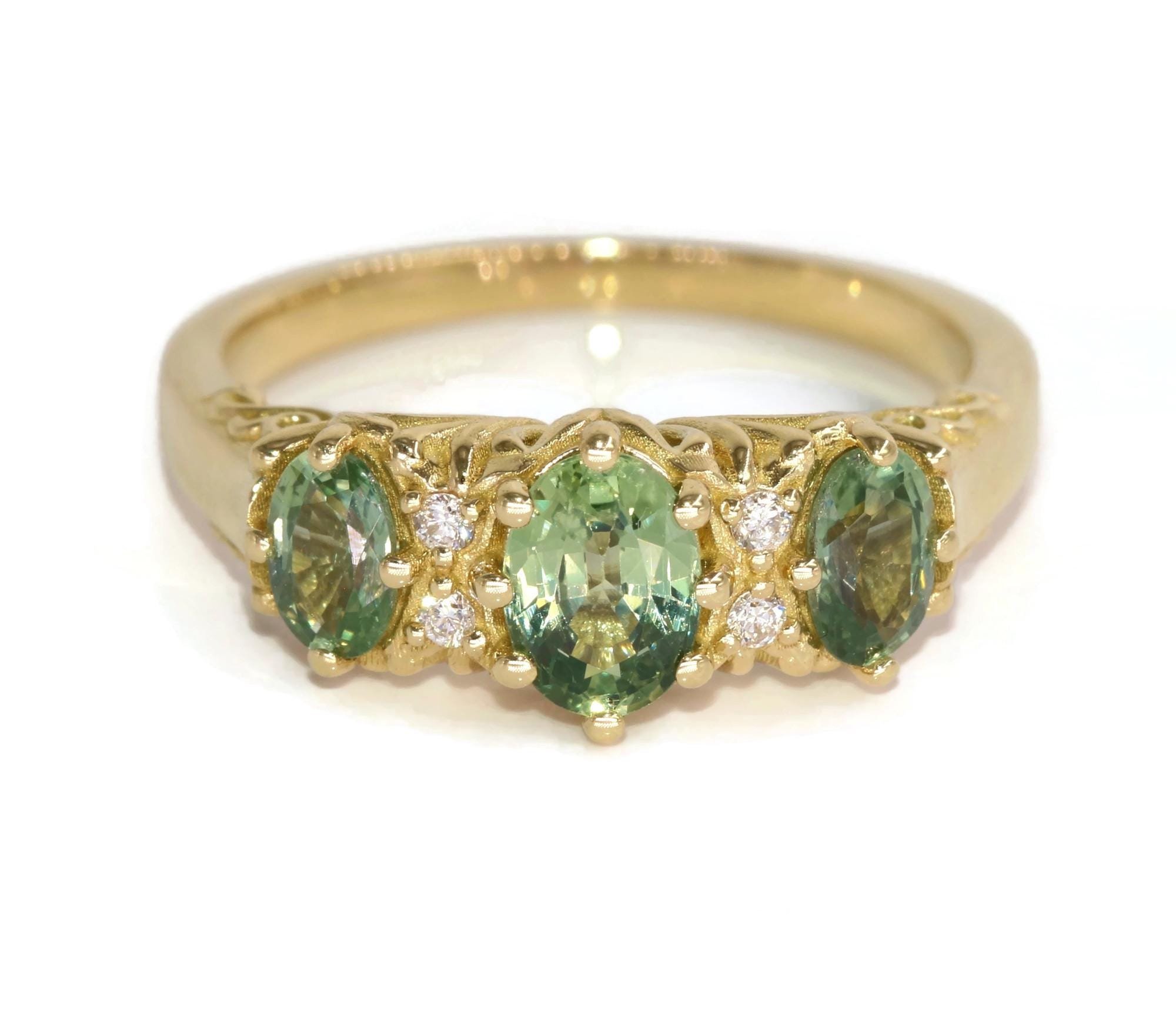 Vintage Style Inspired Trilogy Oval Green Natural Sapphire Ring