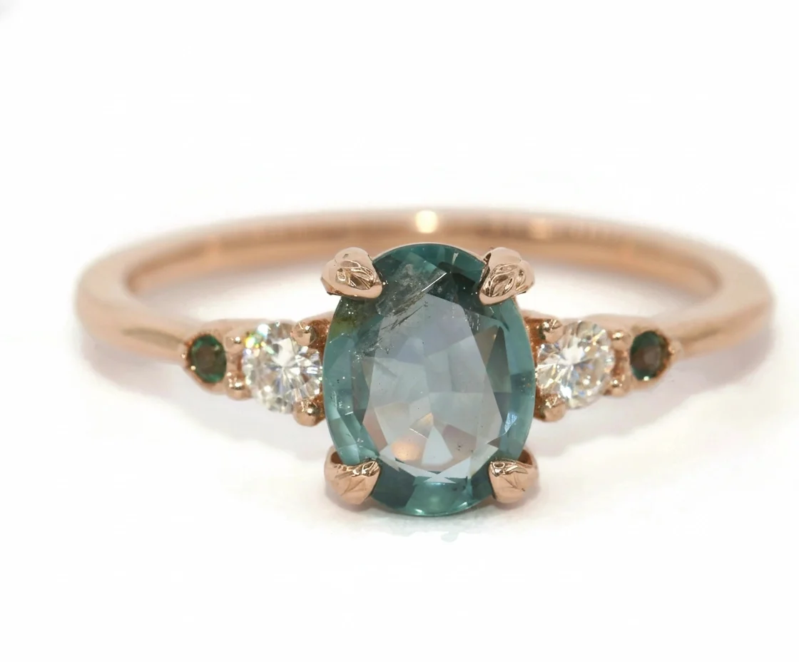 1 ct Unheated Natural Montana Sapphire and Alexandrite Ring with Hand Carved Leaf Prongs