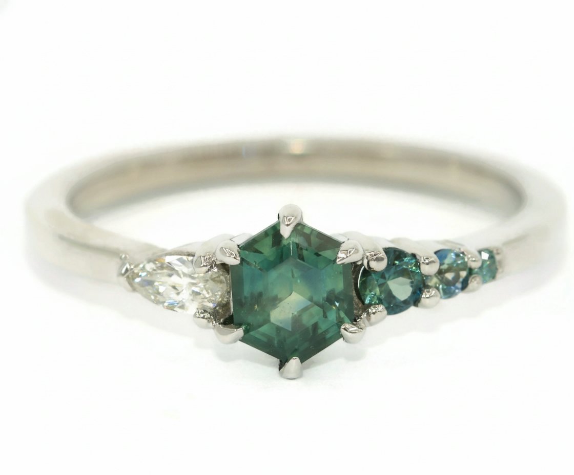 1 ct Hexagon Blue Green Natural Sapphire and Pear Diamond Ombre Cluster Engagement Ring