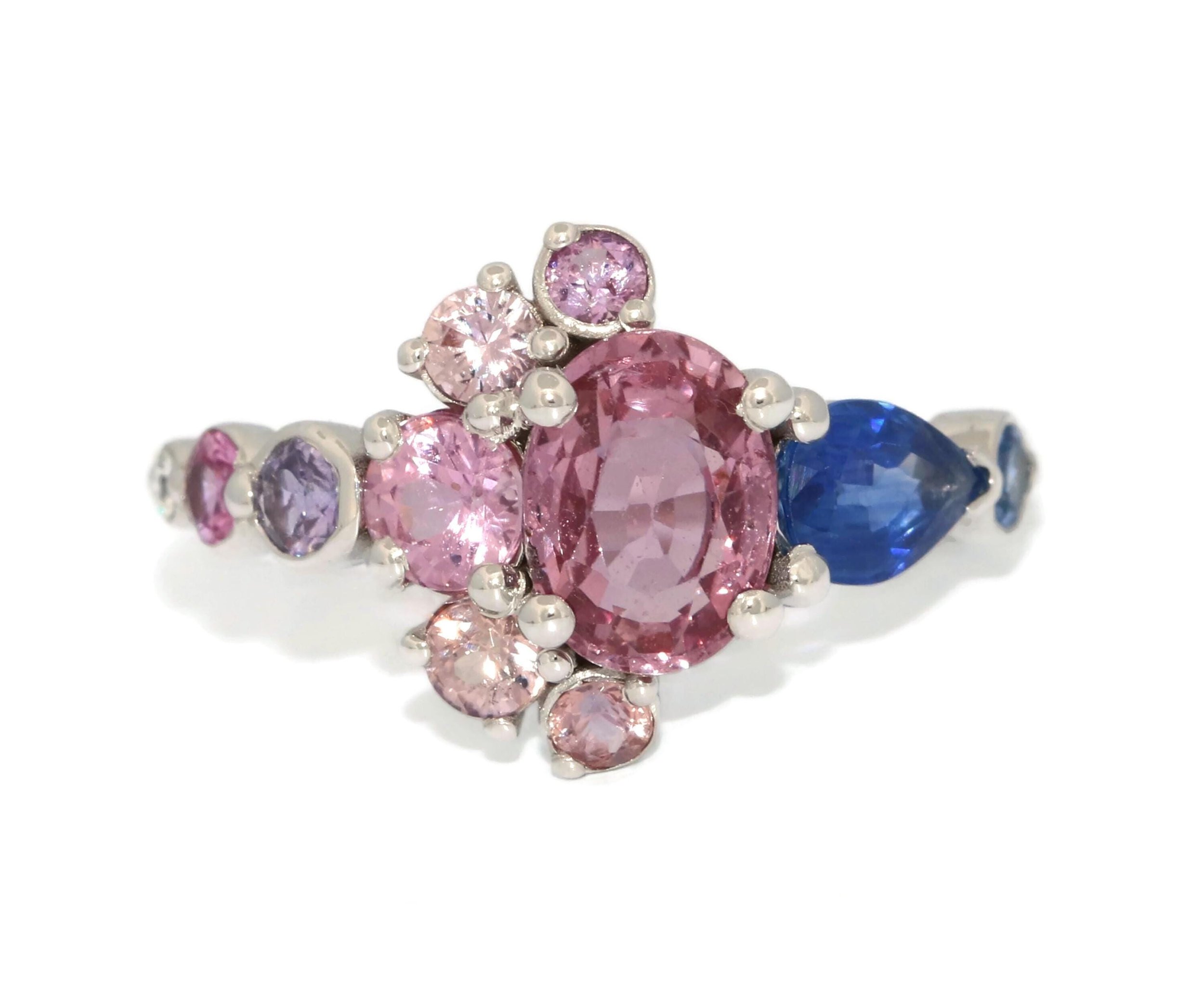 Ombre Cluster 1 ct Oval Pink Sapphire Ring with Celestial Half-Moon Crescent Halo