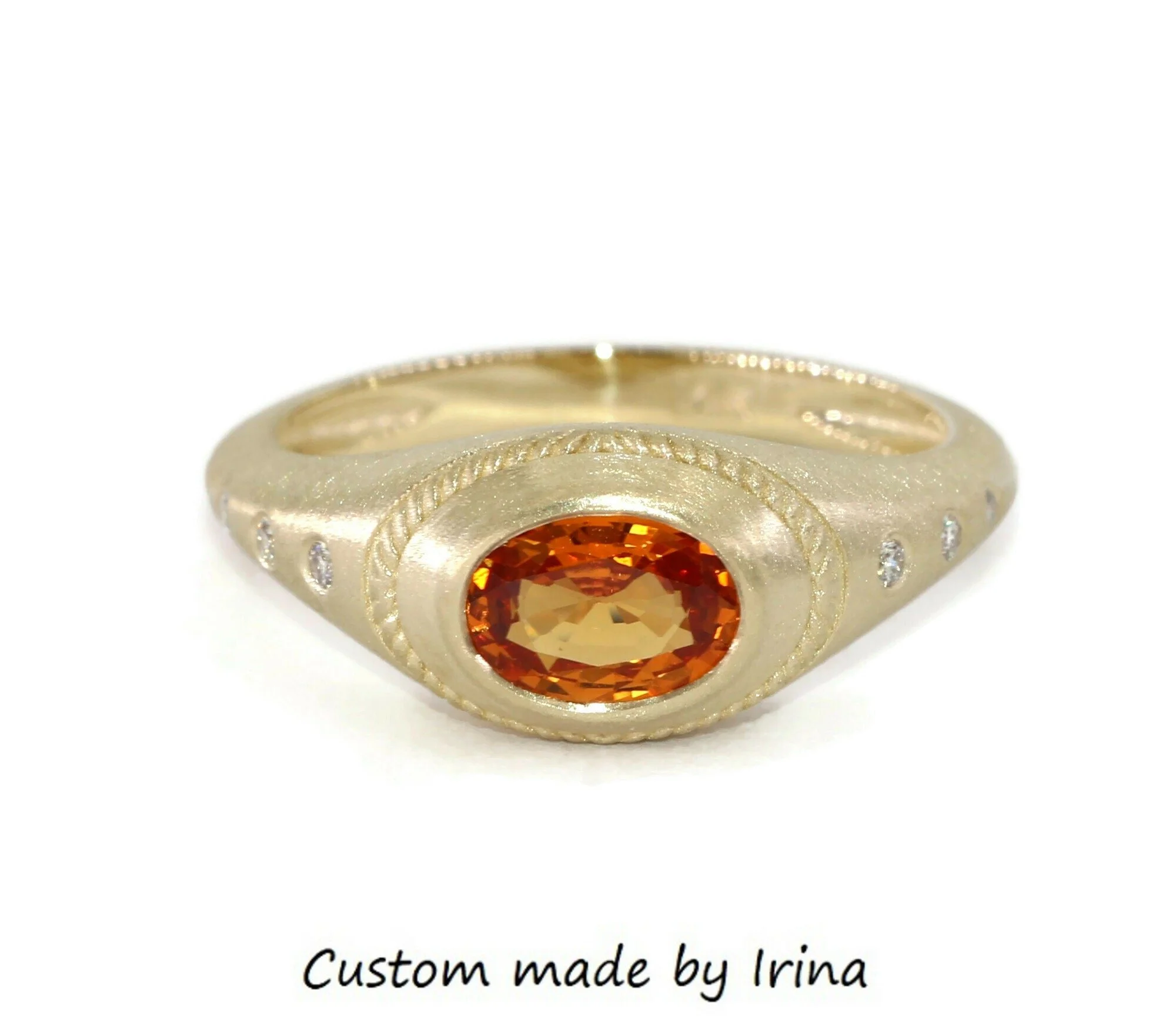 East West Oval Natural Sapphire Signet Ring Satin Finish 14k Solid Gold