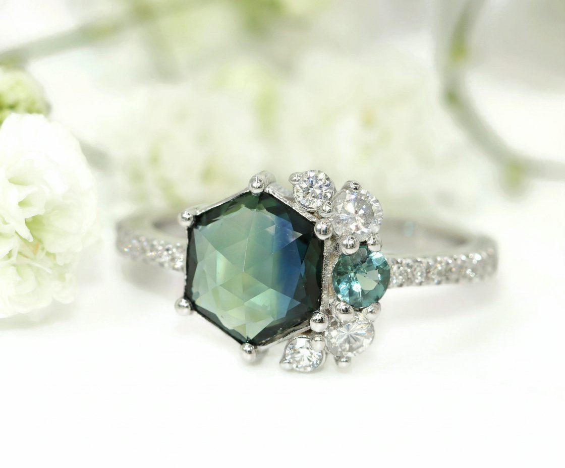 Blue Green Parti Natural Hexagon Sapphire Cluster Engagement Ring
