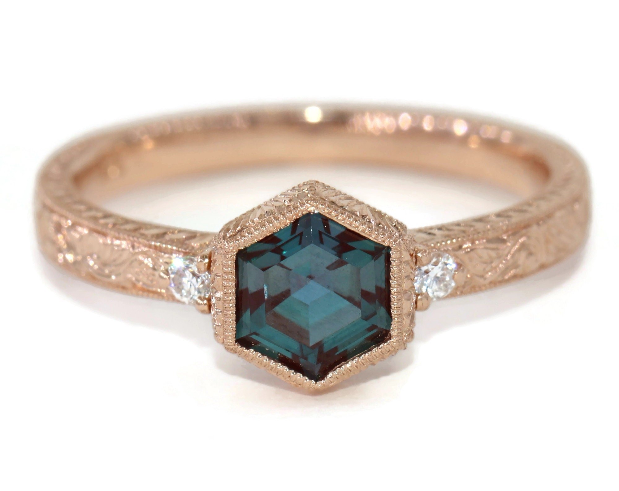 1.5 ct Hand Engraved Hexagon Engagement Ring and Wedding Band