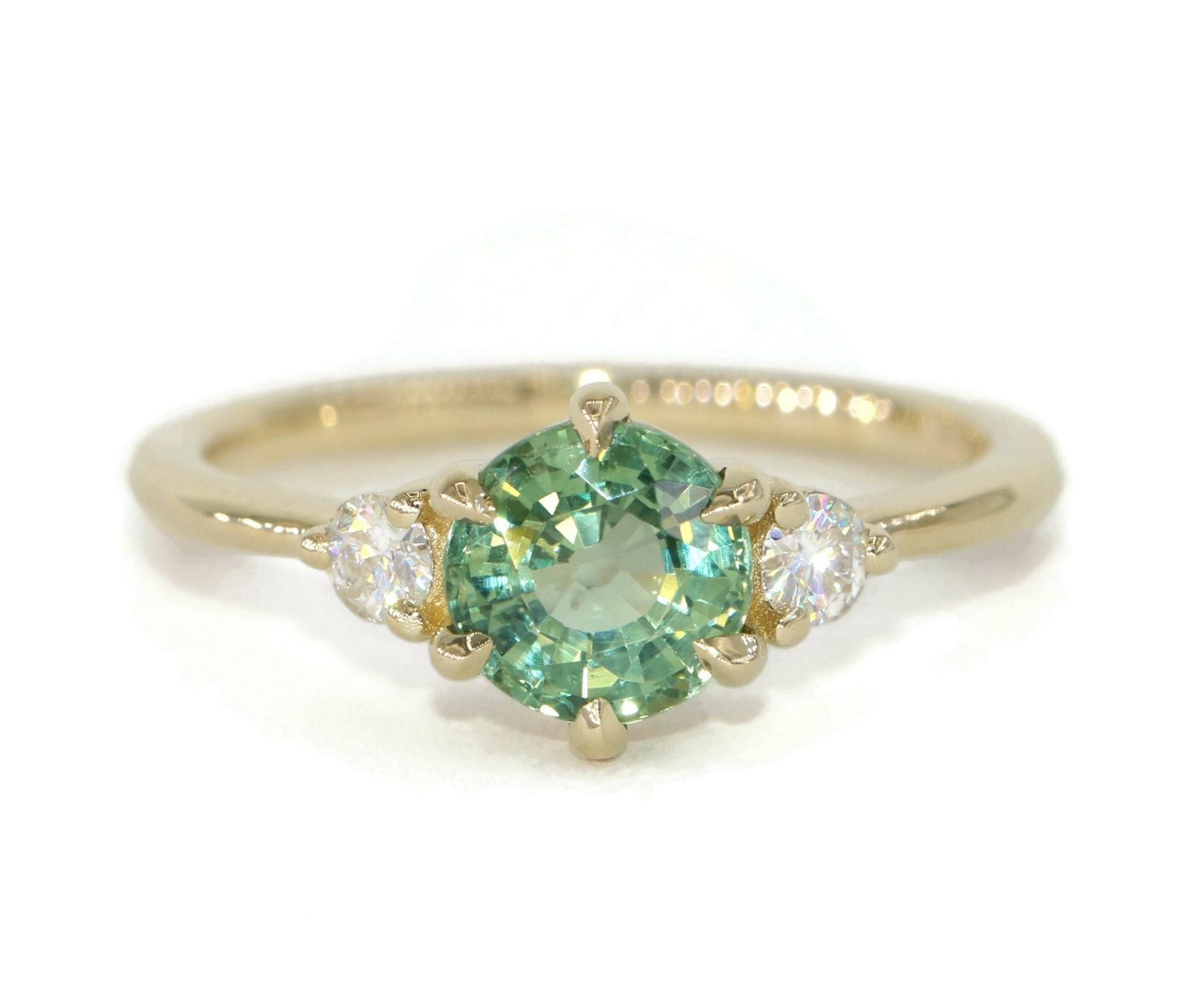 1 ct Green Natural Sapphire 3 Stone Engagement Ring Custom Made