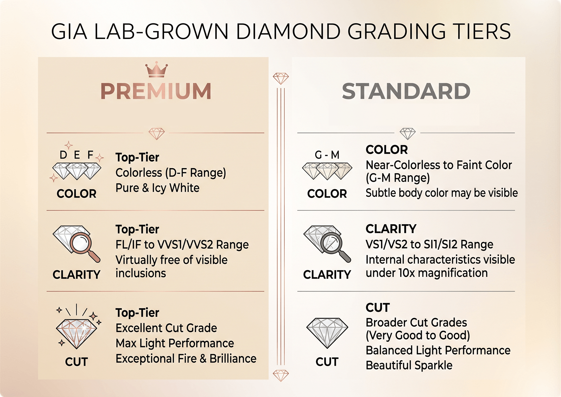 An infographic comparing GIA lab-grown diamond grading tiers, showing Premium (D-F color, FL/IF–VVS clarity, Excellent cut) versus Standard (G-M color, VS–SI clarity, Very Good to Good cut).