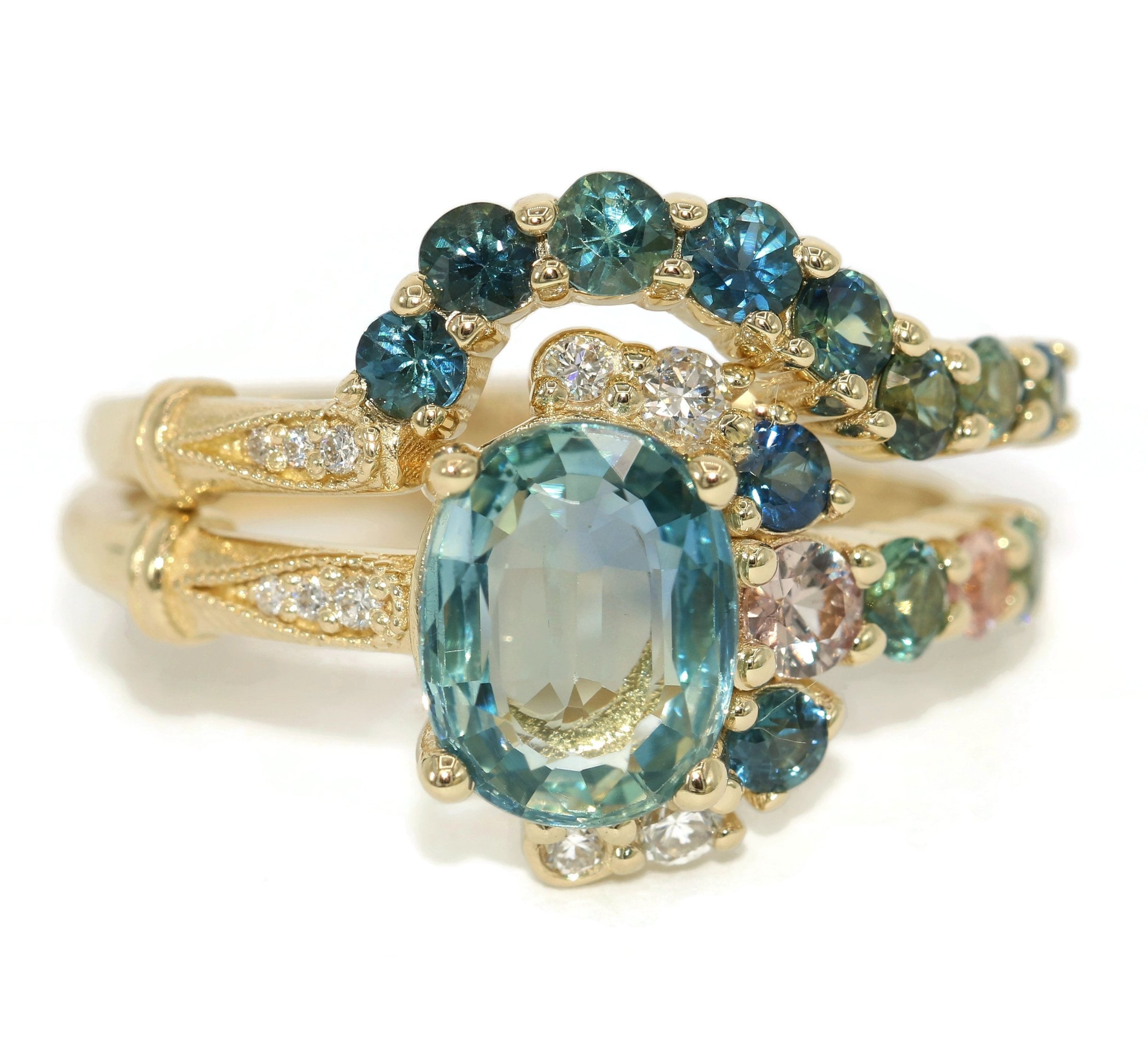 Blue Green a Ombre Sapphires Engagement and Wedding Bridal Rings Set
