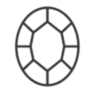 Outline of a gemstone cut in an oval shape with multiple facets.
