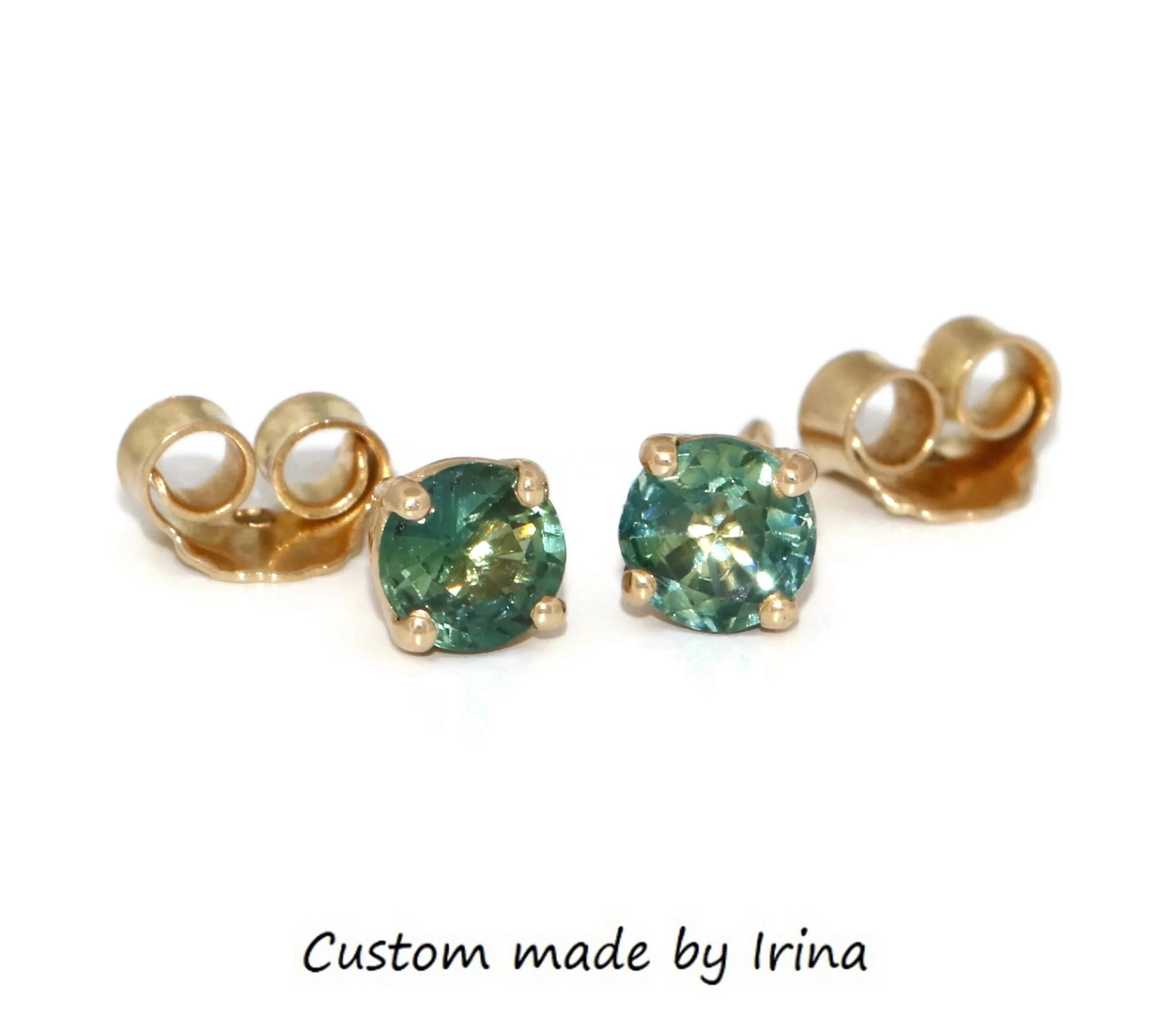 Custom Made Round Pastel Teal Green Natural Sapphire Stud Earrings 14k Solid Gold