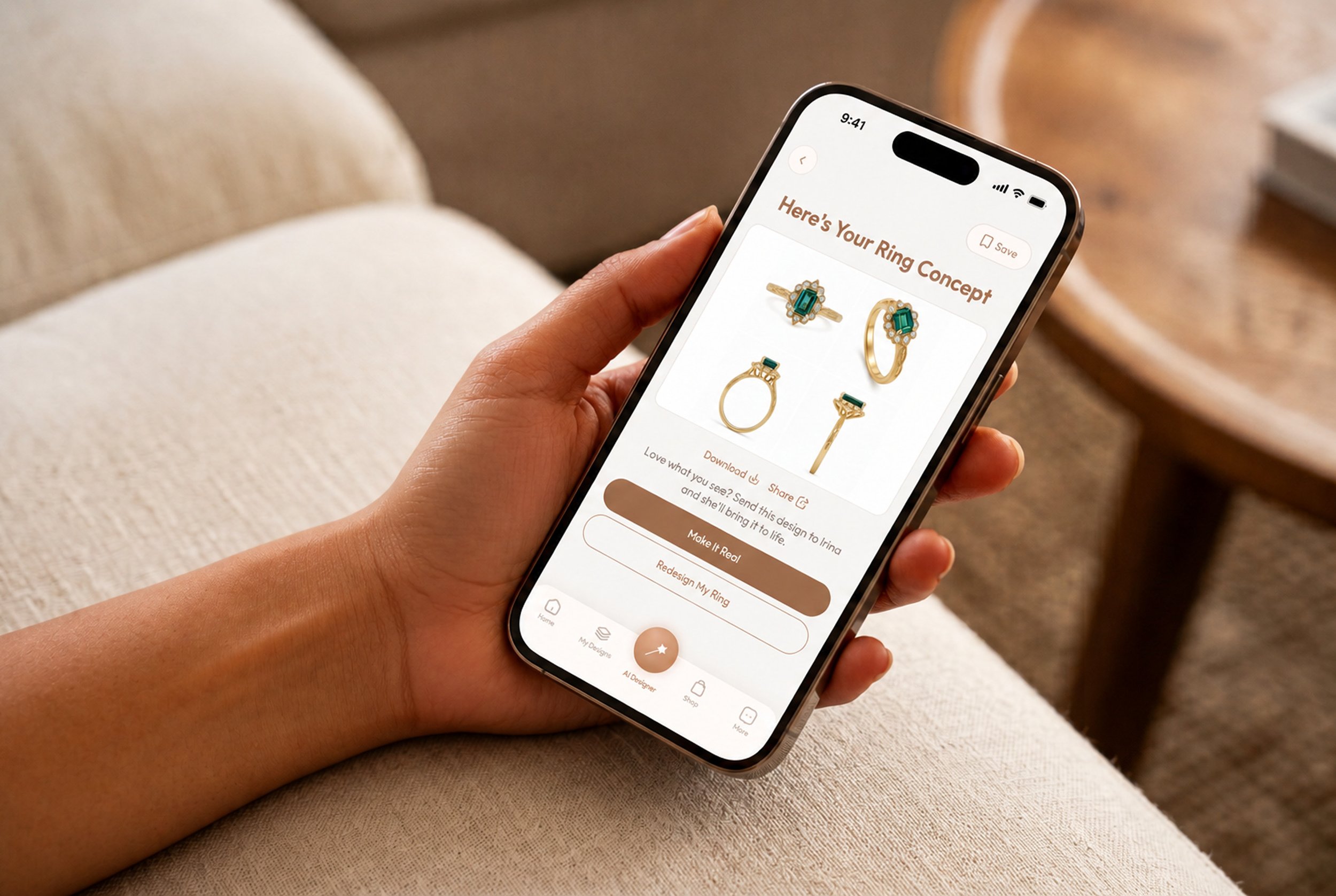 Phone screen showing four AI-generated emerald ring concepts with Make It Real and Redesign options