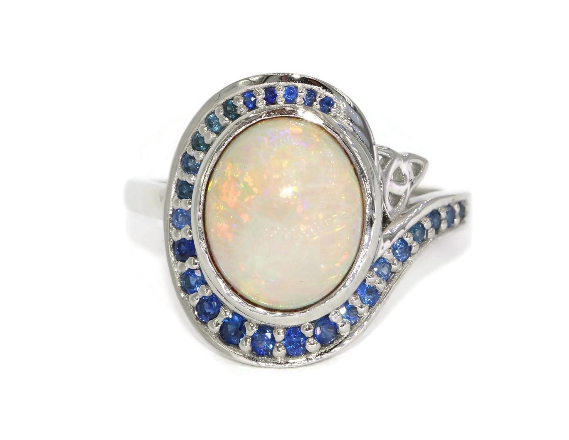 Natural Opal Bypass Sapphires Pave Ring with Celtic Triangle Pattern