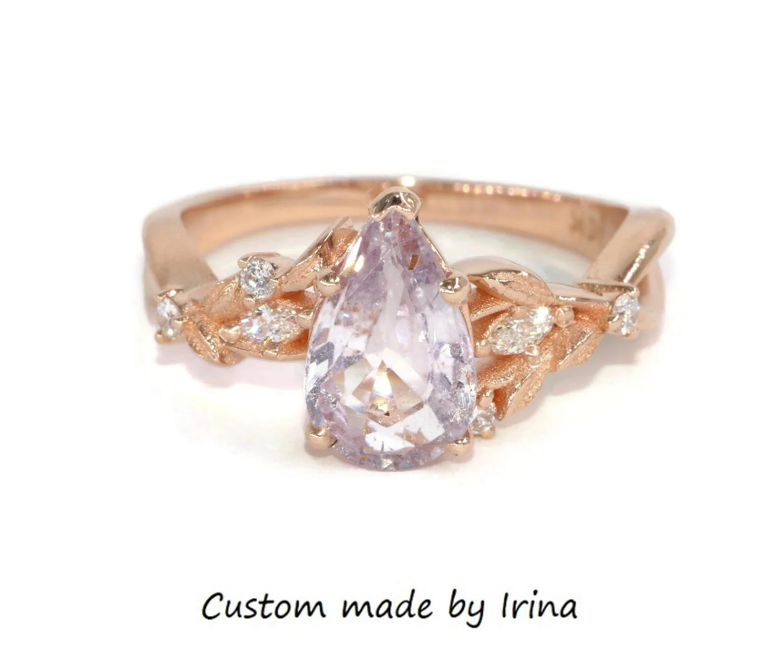 Pear Lavender Sapphire Engagement Ring: Vine Leaf Diamond 14k Rose Gold