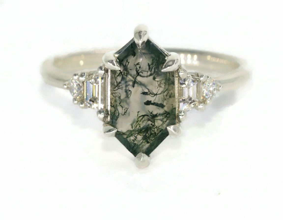 Custom Made Hexagon Moss Agate Ring