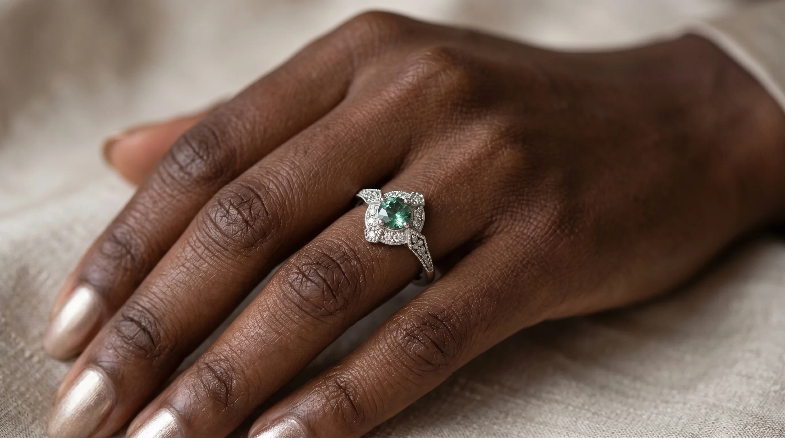Art Deco green sapphire engagement ring with diamond halo and milgrain detail in white gold worn on model's hand