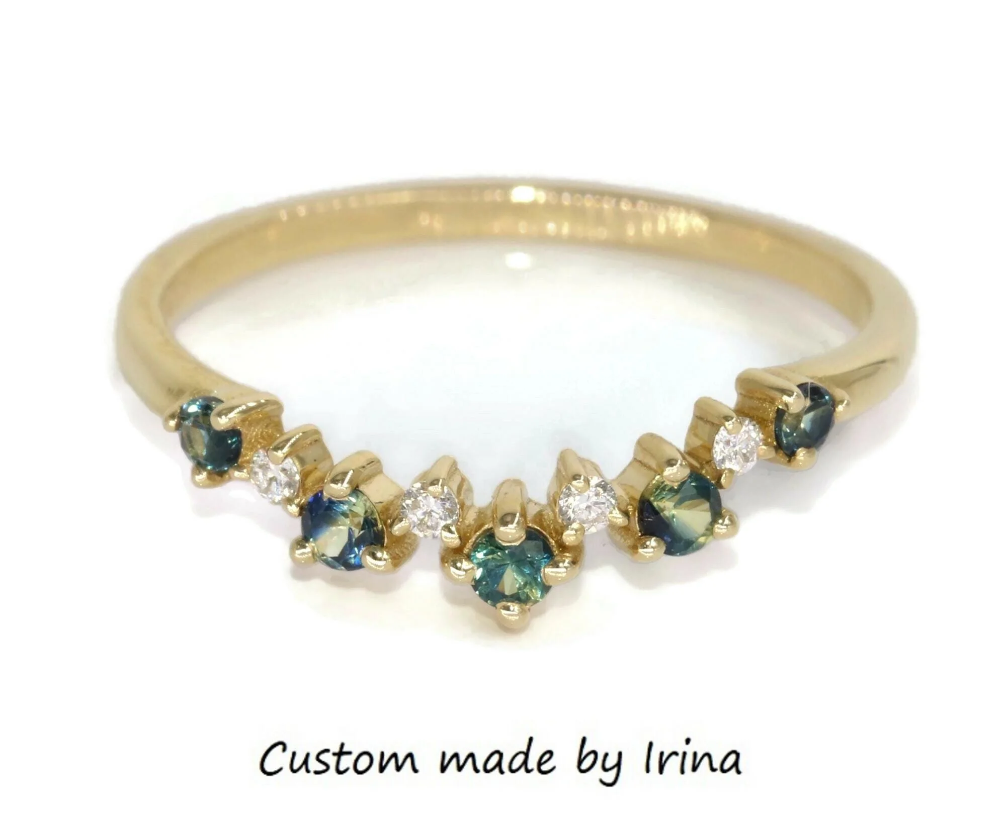 Ombre Blue Green Natural Sapphires and Diamonds Curved Cluster Wedding Band 14k Solid Gold