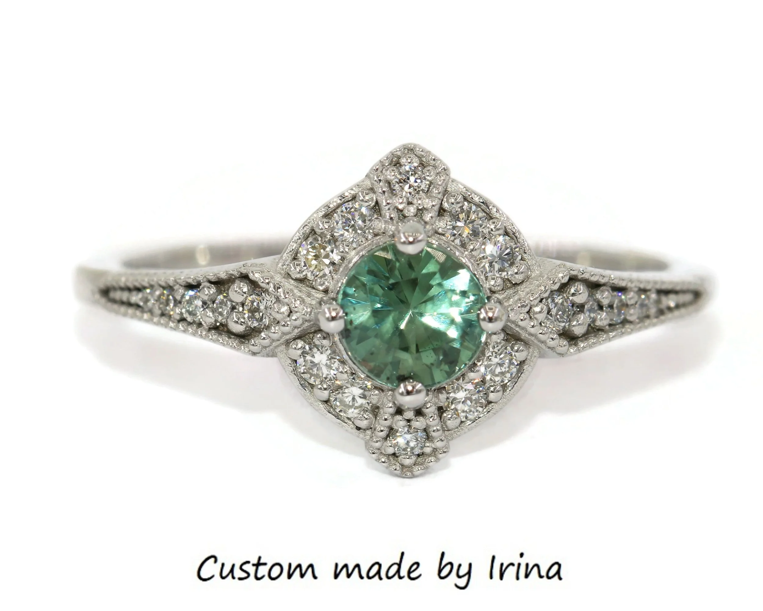 Teal Green Blue Edwardian Style Inspired Natural Montana Sapphire Engagement Ring 14k White Gold